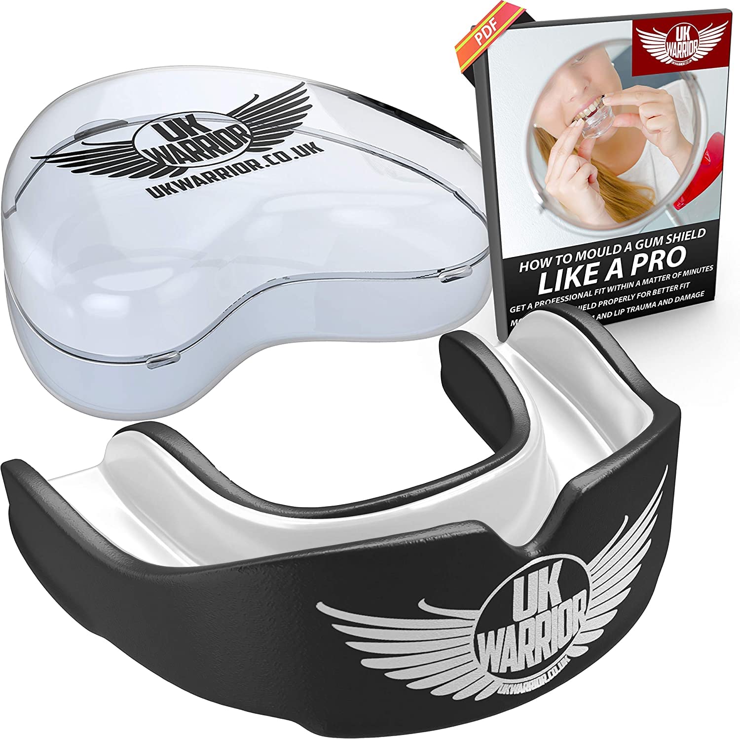 Protector bucal de UK Warrior, de goma, ideal para deportes de contacto, artes marciales, kárate, rugby, artes marciales mixtas, boxeo, hockey, fútbol, estuche, instrucciones para hervir y morder (idioma español no garantizado) — view 13