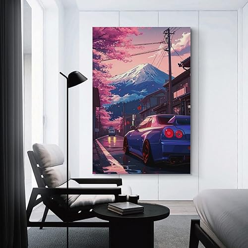 Miniatura 3 de FeoYoed Pósteres artísticos para pared, diseño de anime, Jdm Car R34, con diseño de cerezo Fuji, impresiones de decoración estética moderna para