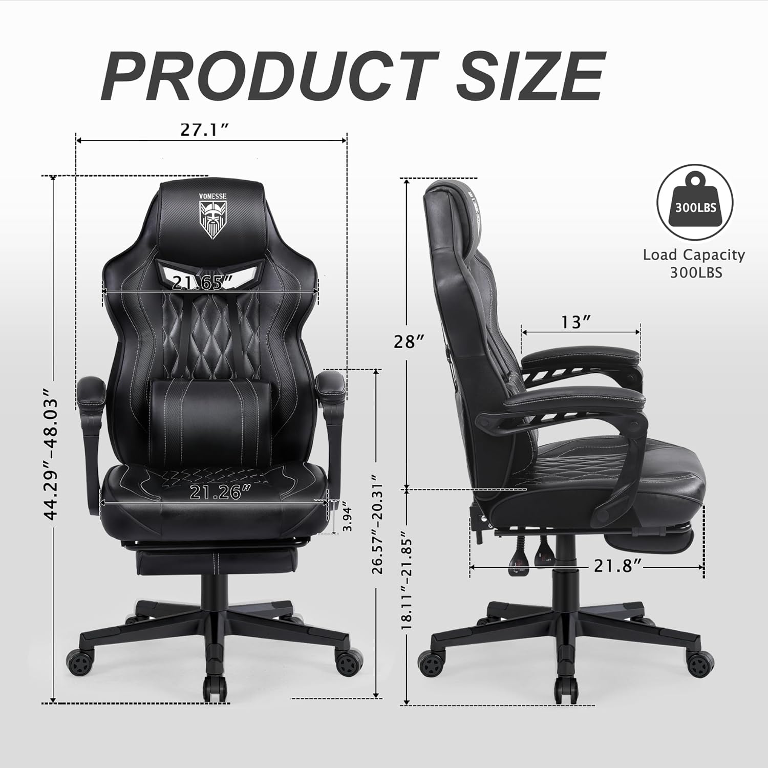 Vonesse Gaming Chair, Computer Office Chair with Footrest, Reclining Gaming Chairs for Adults, Big and Tall Ergonomic Gaming Chair with Lumbar Support and Massage (Black)