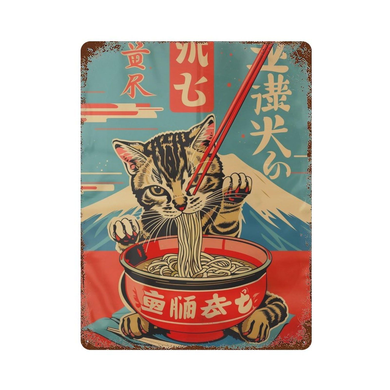 YHGERTKU Ramen Cat Woodblock 02 Wall Art Retro Iron Vintage Metal Tin Sign Poster Modern Decor for Living Rooms Gift 40x30cm