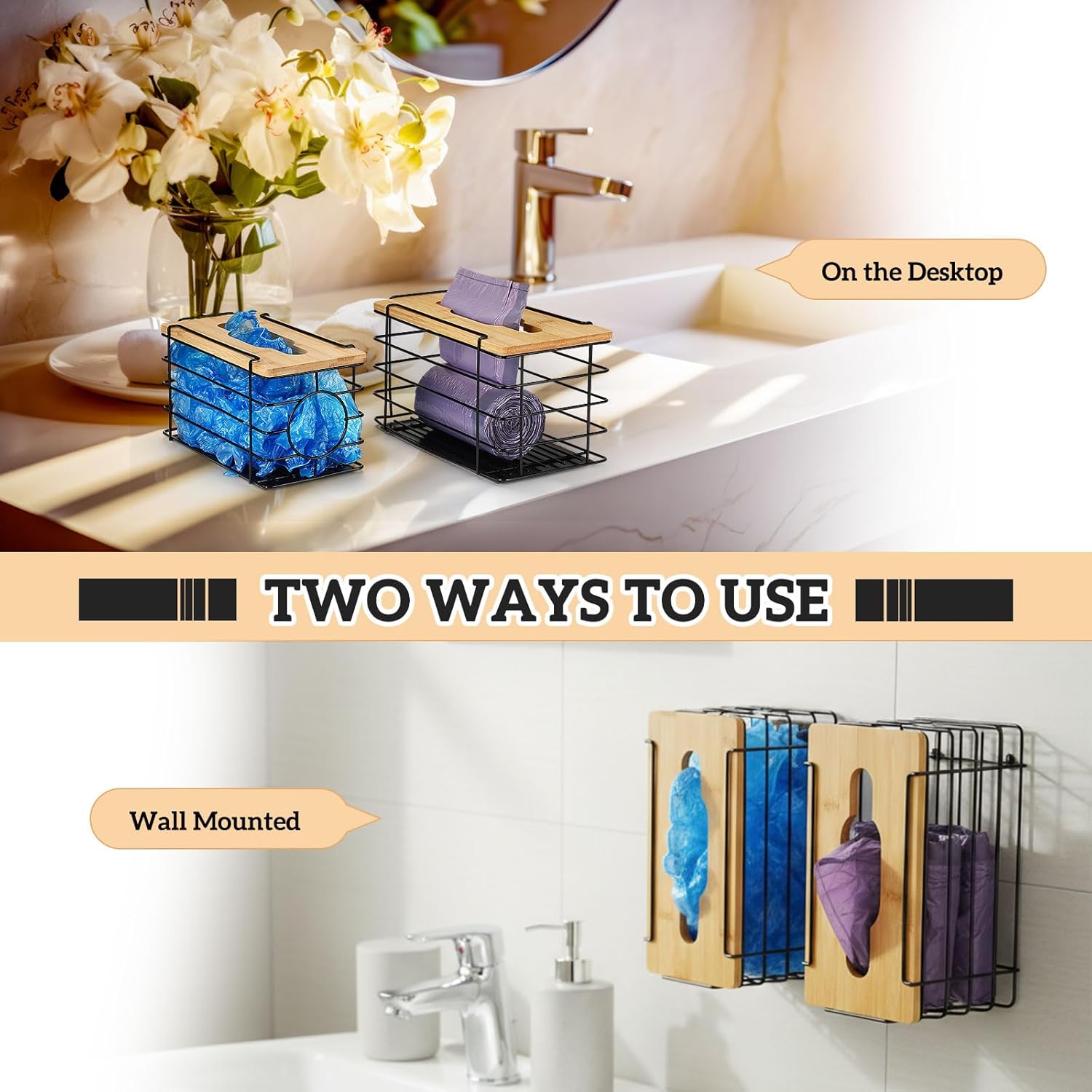 2 Pack Magnetic Trash Bag Holder Basket Garbage Bag Magnetic Dispenser Roll Holder with Bamboo Lid Kitchen Laundry Organizers and Storage Container for Laundry Room Kitchen