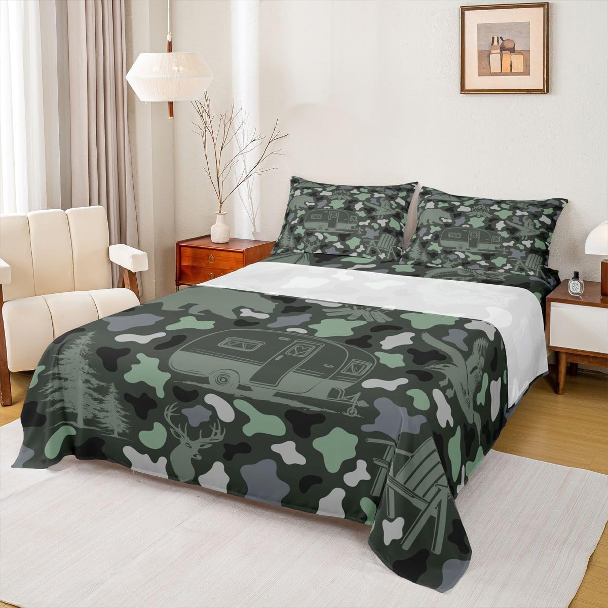 Turquoise Green Camo Sheet Set Boys Duck Hunting Camo Full Size Bed Sheets for Toddler Boys,Vintage Pike Fish Bear Deer Camper Masculine Cottage Bedding Set Camping Camfire Tent Rustic Farmhouse Decor