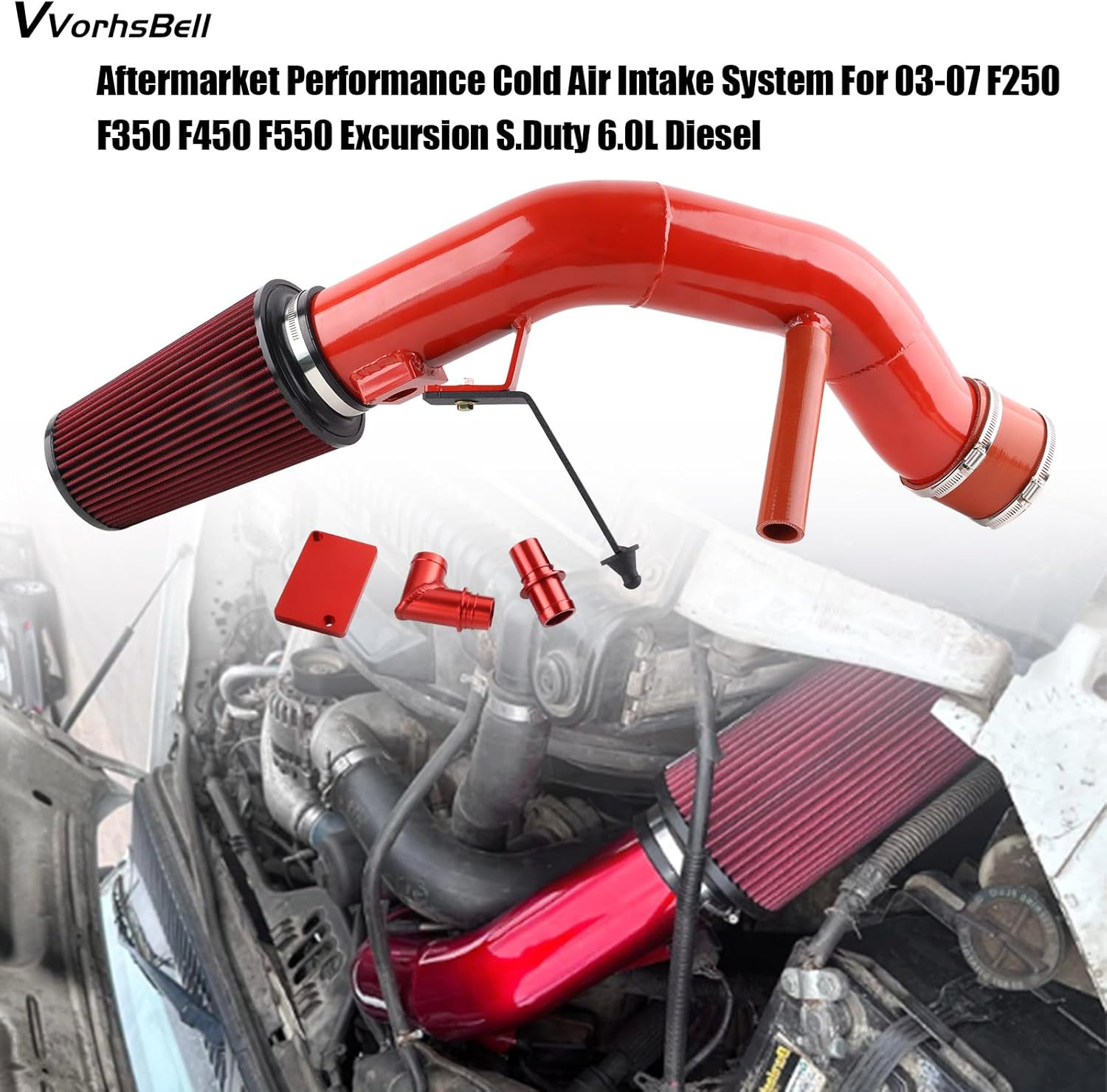 6.0 Powerstroke Cold Air Intake Kit，4″Cold Air Intake Pipe Kit with Oiled Filter Compatible with 2003-2007 Ford F250 F350 F450 Excursion 6.0L Powerstroke Diesel