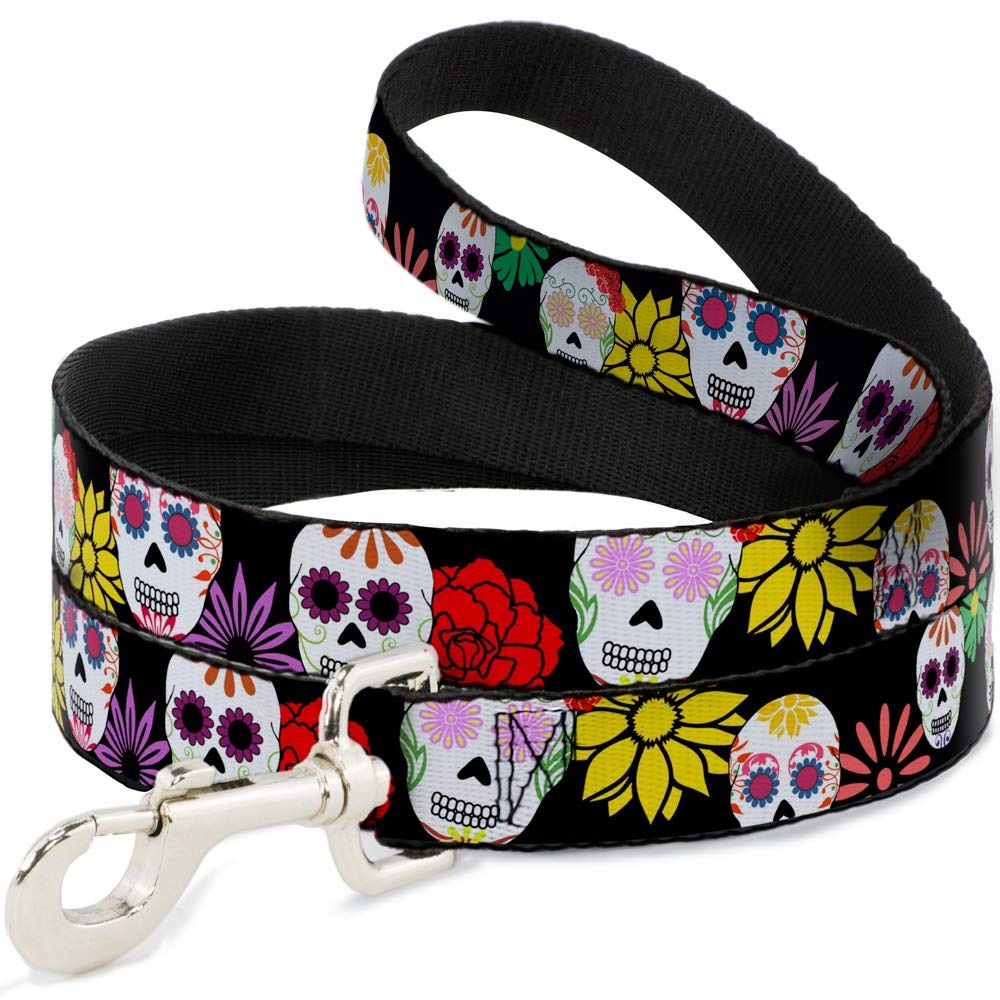 Laisse animal sucre crânes et fleurs noir Buckle Down longue 6 pieds w34215