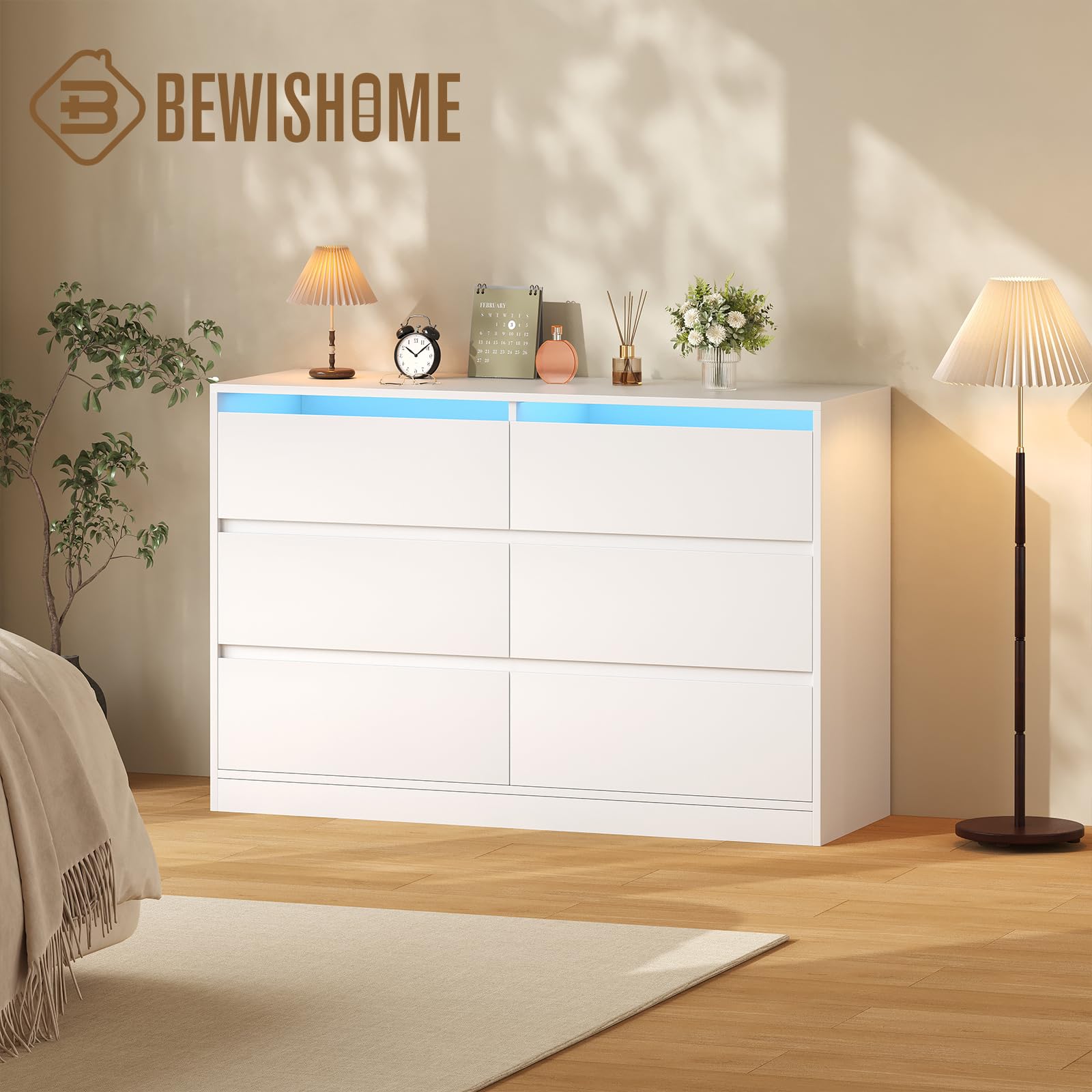 BEWISHOME Cassettiera Camera da Letto Moderna con 6 Cassetti e Luci a LED | Cassettiera Bianca,Salvaspazio,Mobile Camera da Letto per Soggiorno,Bagno e Ingresso,40 x 75 x 108 cm EKCG08W