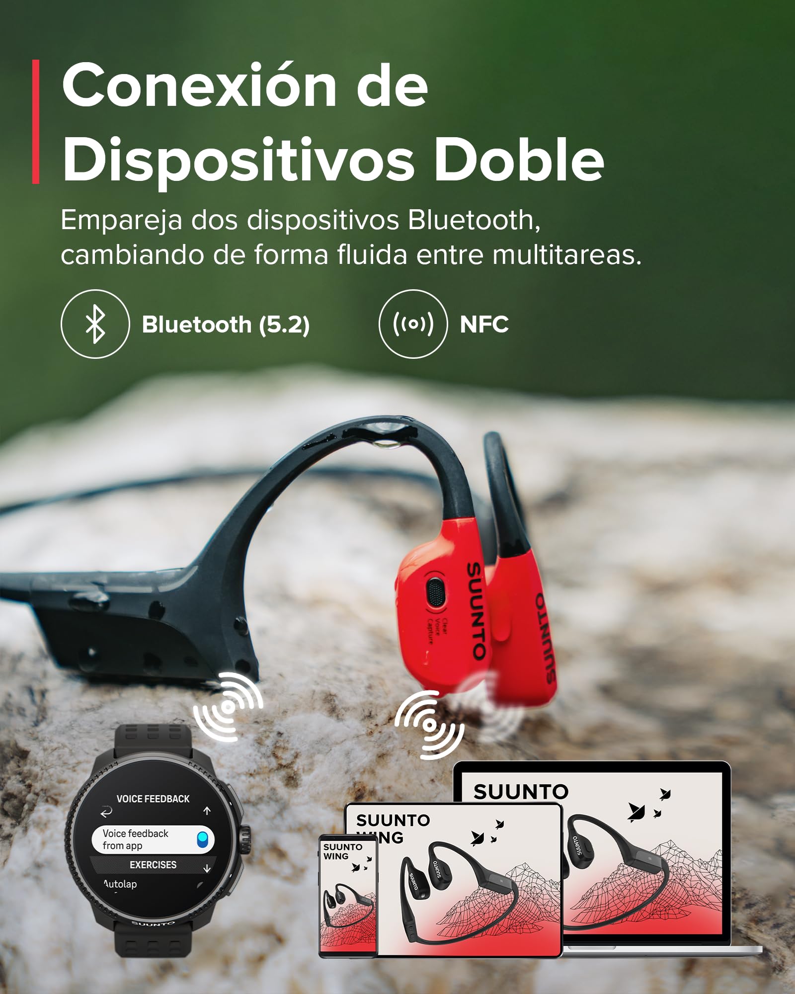 Suunto Wing Open-Ear Auriculares Conducción Ósea, Auriculares Deportivos Inalámbricos Bluetooth, Control Movimiento Cabeza, Micrófono HD Incorporado, Resistente al Desgaste IP67, Luces Seguridad
