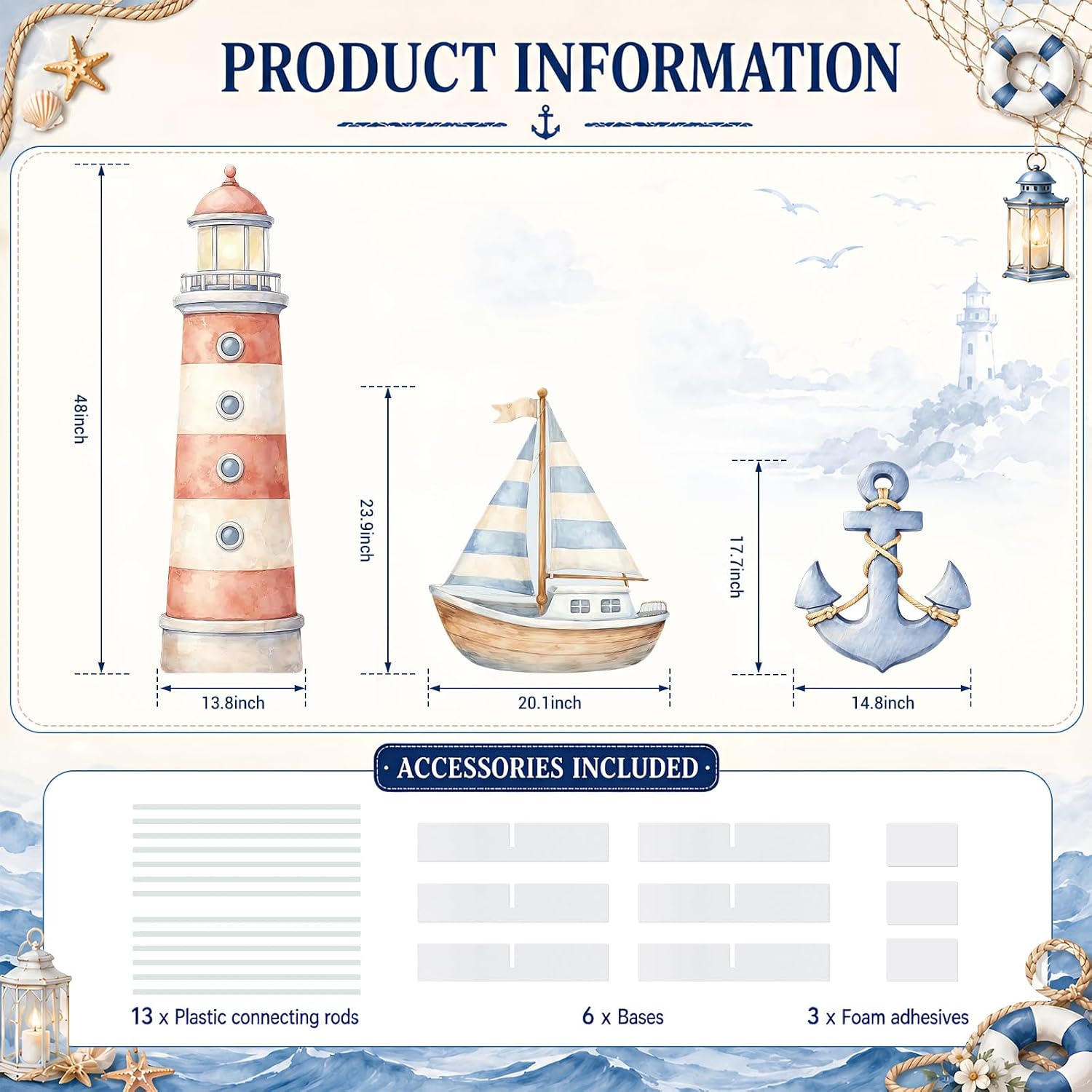 4Ft Nautical Party Decorations Boy Baby Shower Backdrop, Ahoy Its a Boy First Birthday Supplies, Lighthouse Sailboat Anchor Cardboard Cutouts, Sailor Ocean Theme Yard Signs Photo Props