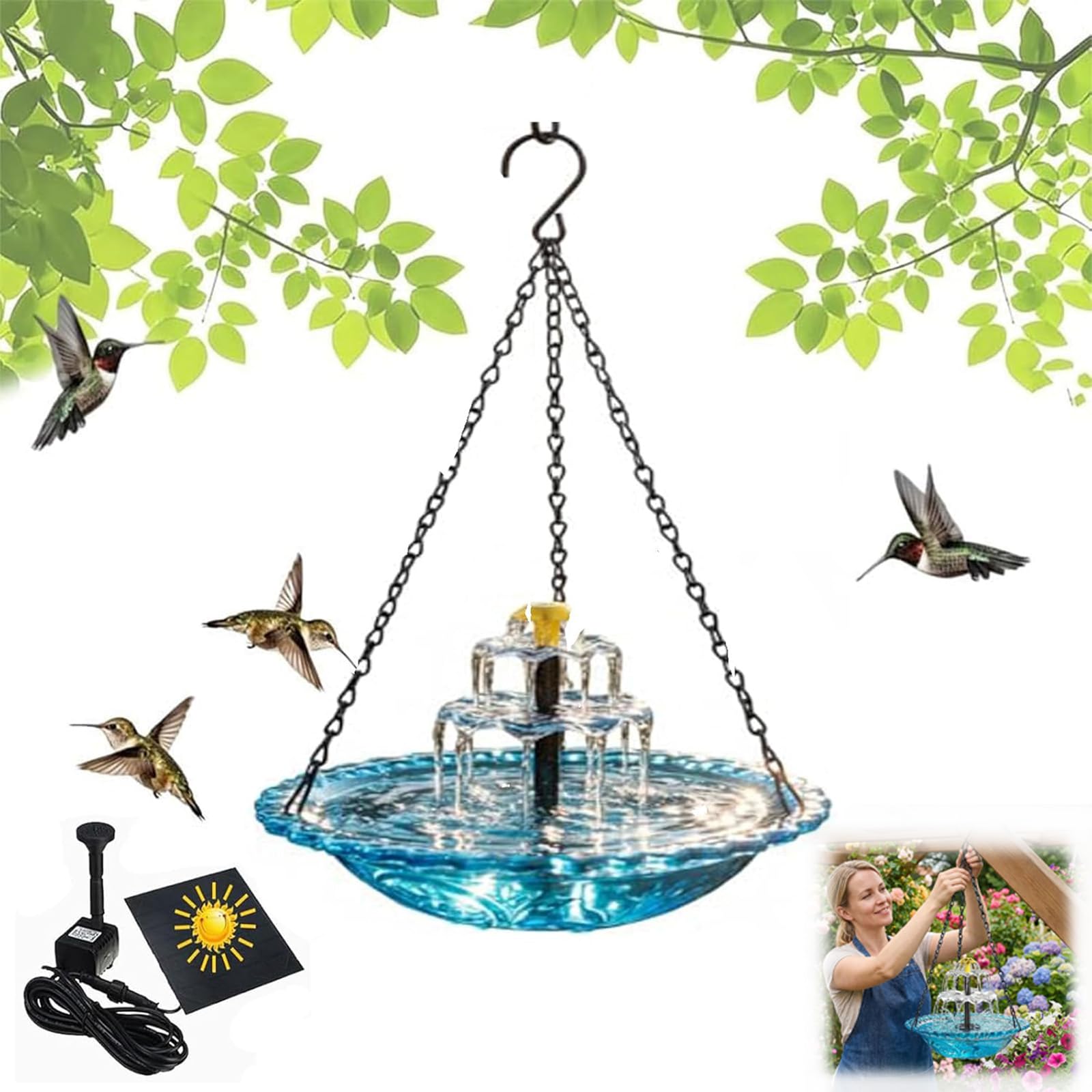Nnbwlmaee Blue 2026 Solar Cascade Hanging Bird Bath Fountain, Outdoor Hanging Bird Bath With Solar Fountain, Hanging Humming Birdbath With Solar Pump, Garden Decoration, Attracts Hummingbirds & Wild Birds (Blue)