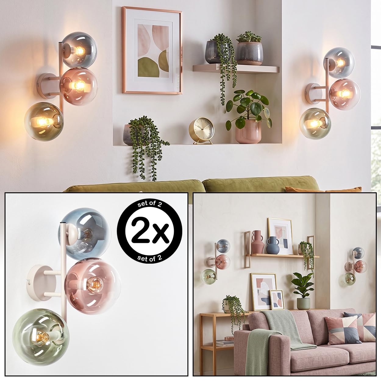 HOFSTEIN Wandleuchte Gastor 2er Set, moderne Wandlampe aus Metall/Glas in Sand/Weiß/Blau/Grün/Kupfer/Klar, Leuchte im Retro/Vintage-Design, Schirme Ø 15cm, 3 x E14, Schlafzimmer, Wohnzimmer, Esszimmer
