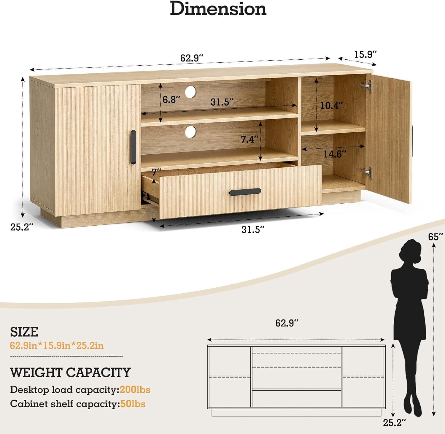 TV Stand for Living Room ＆ Bedroom, Entertainment Center for 55/65/70 Inch TV, Modern Fluted TV Console with Storage Cabinets ＆ Drawer, Natural - Image 2