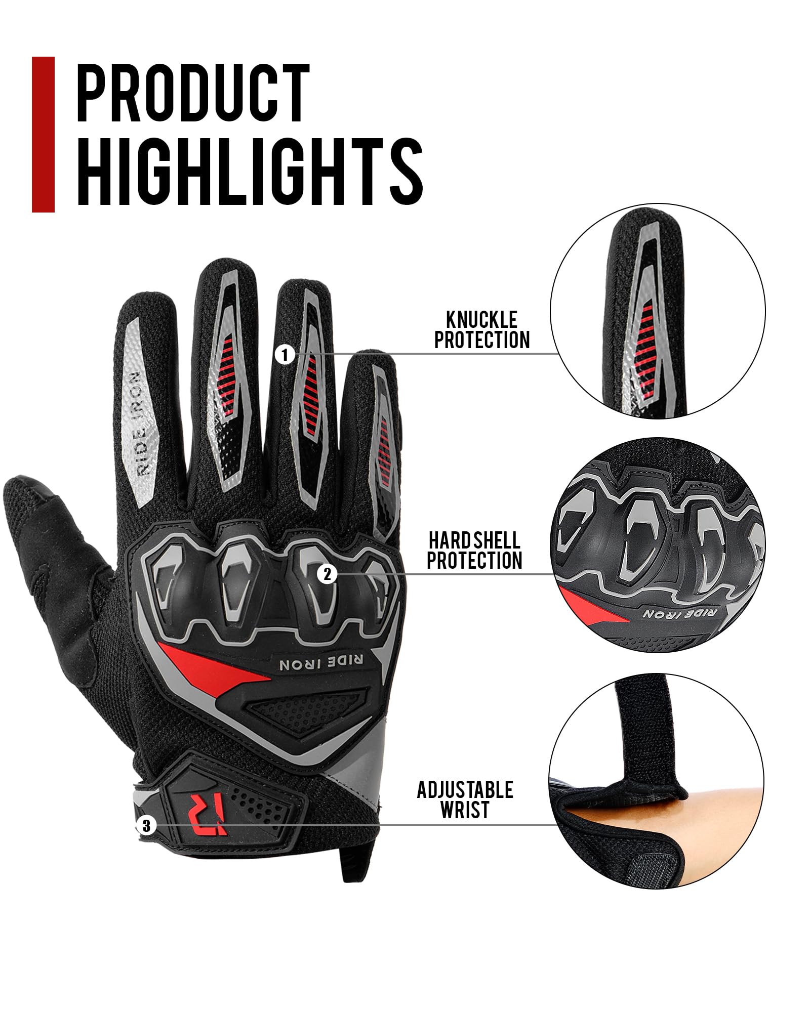 RIDEIRON Guanti moto estivi uomo donna, Traspiranti, Touch Screen, Protezione nocche, comodi guanti da mountain bike antiscivolo per corse fuoristrada