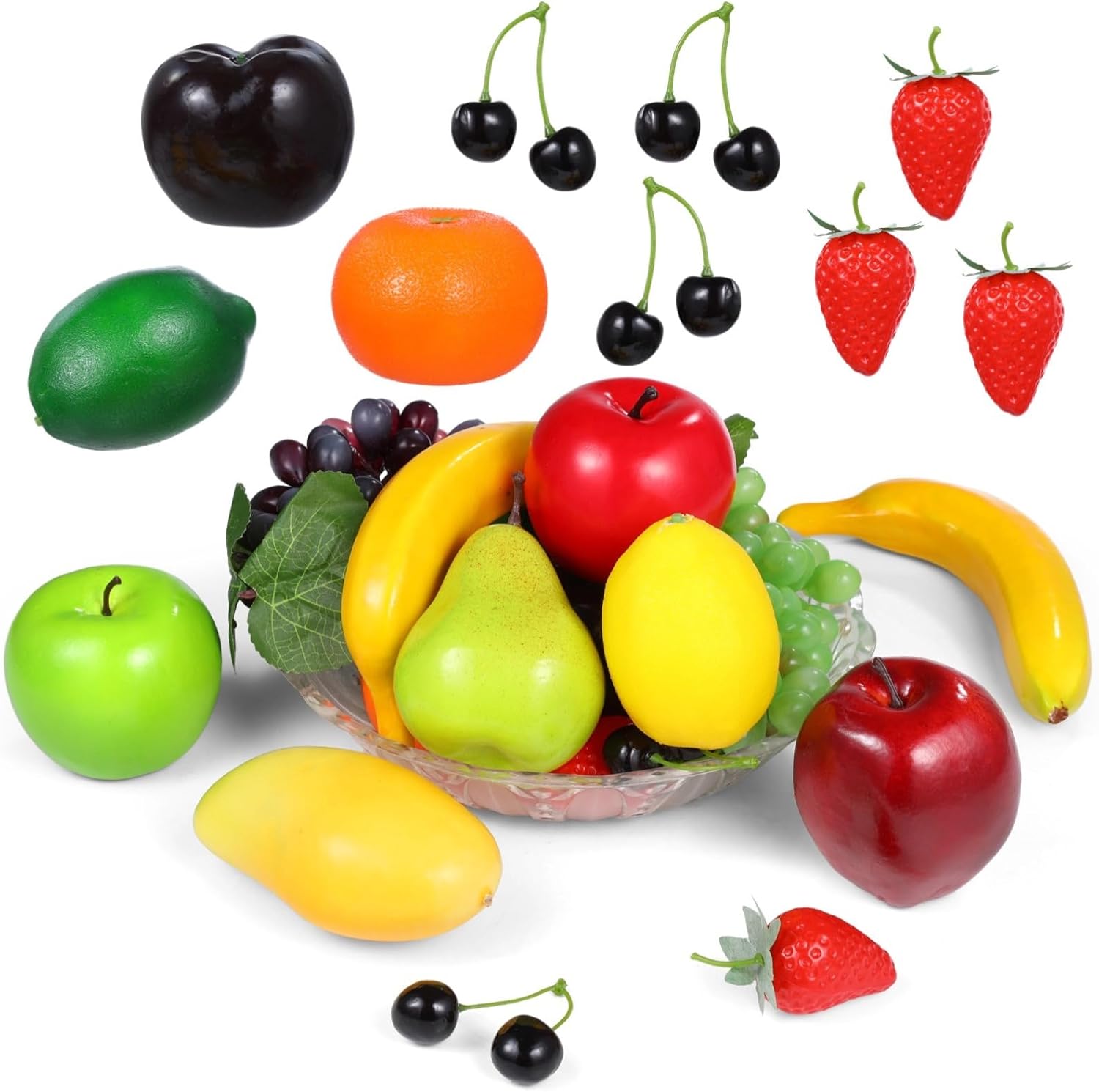 21-Piece Artificial Fruit Set, Faux Fruit Models for Home and Table Decoration, Includes Apples, Grapes, Bananas, Strawberries, and More for Photography and Displays