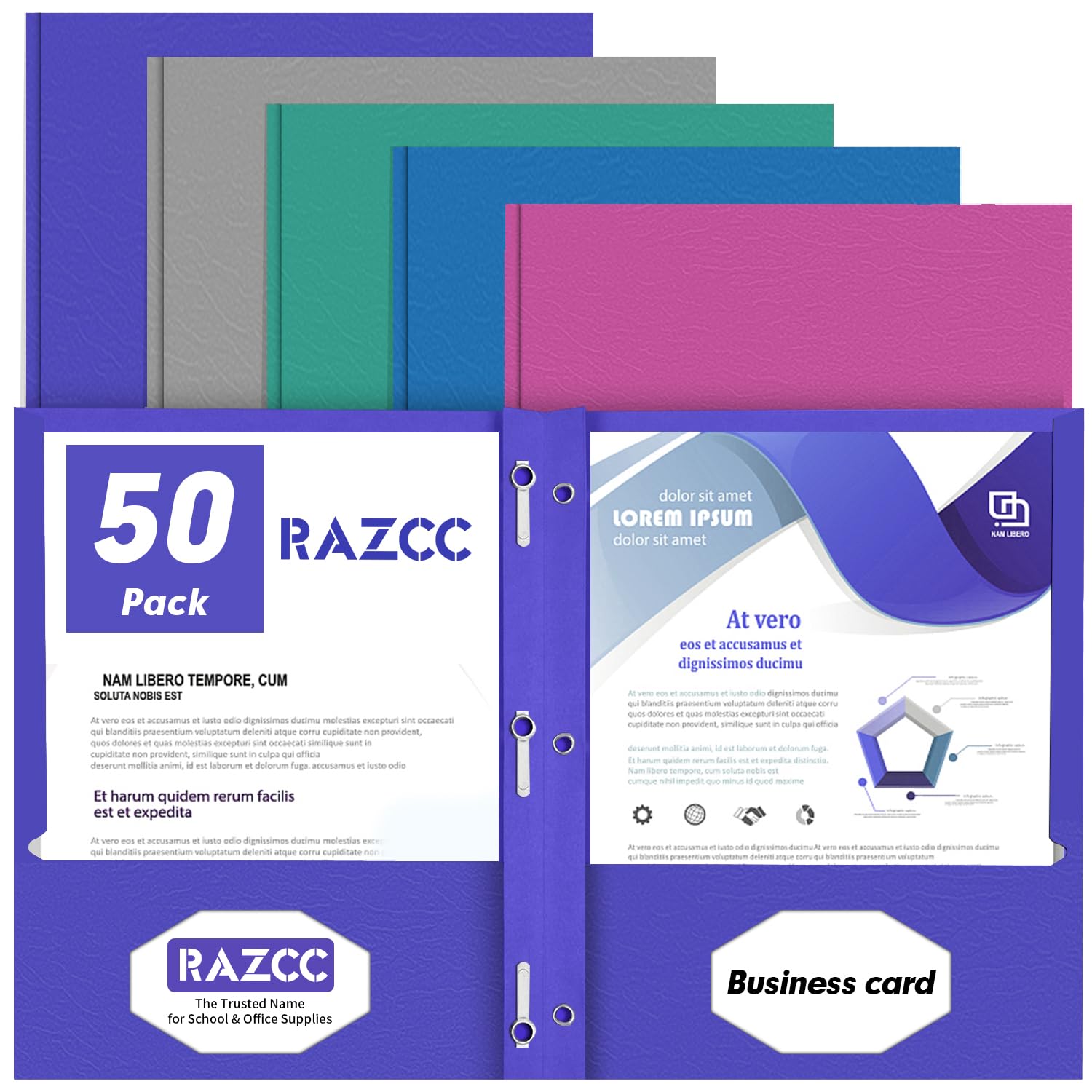 Two Pocket Folders, RAZCC 50 Pack Two Pocket with Prongs, 3 Prong Pocket Folders Letter Size, Paper Folders with Prongs for School Office Home Business, Assorted 5 Colors