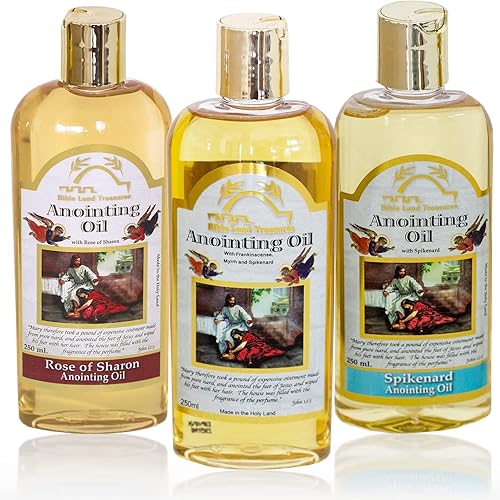 Bible Lands - Aceite de unción del tesoro para oración, juego de 3: Spikenard, rosa de Sharon, mirra e incienso, aceite de bendición de alegría, 8.5