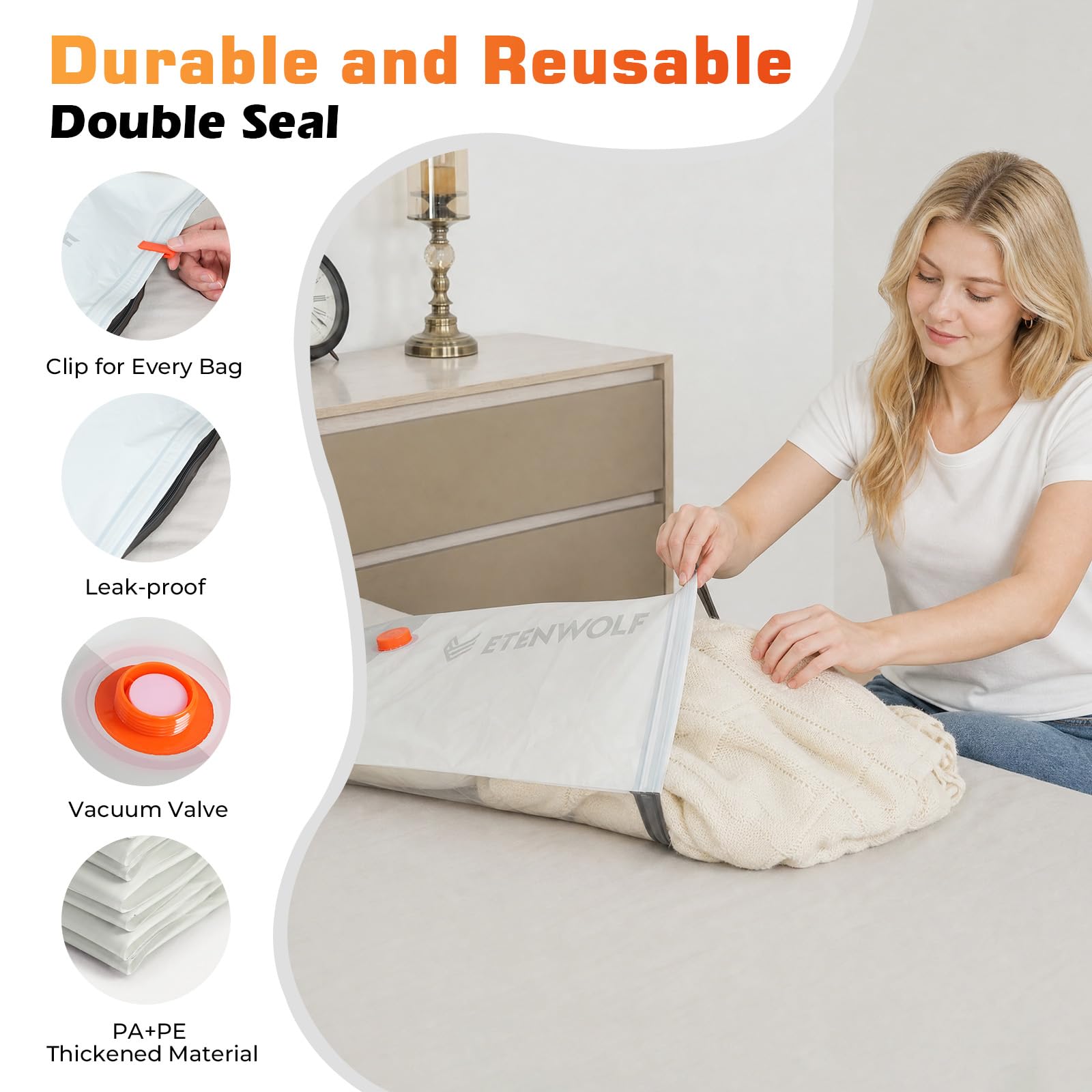 ETENWOLF Paquete de 20 bolsas de sellado al vacío para ropa de viaje con batería inalámbrica, bolsas de almacenamiento al vacío reutilizables para equipaje y maleta, múltiples tamaños de equipaje de
