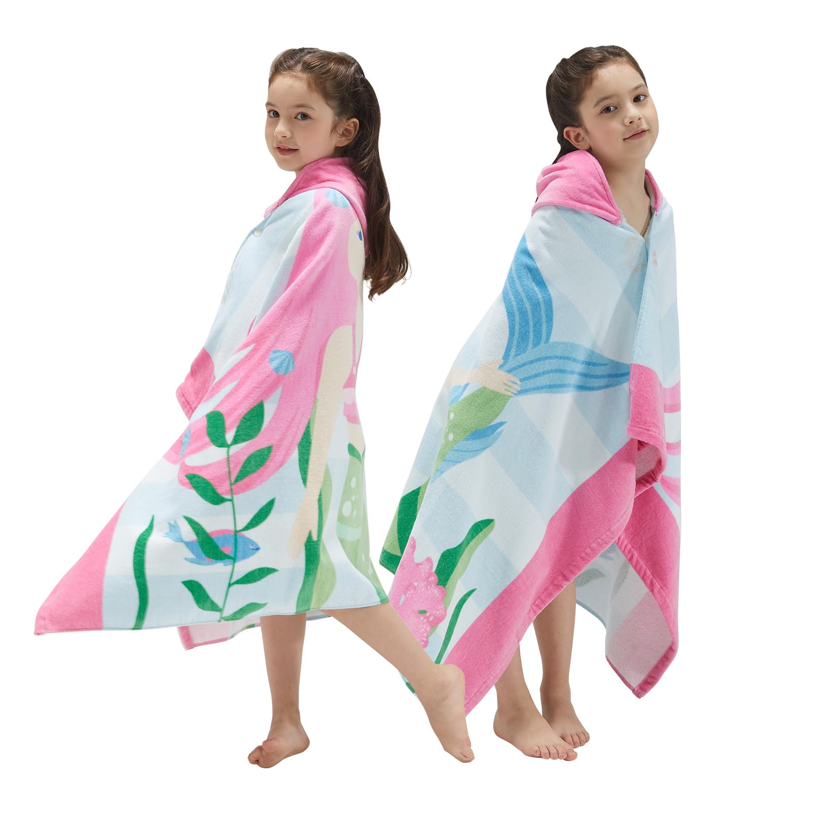 BANGSAUR Kids Hooded Beach Bath Towels, 100% Cotton 50x30 inches Towel Wrap, Toddlers Girls 3-12 Years Coverup Pink Hair Mermaid