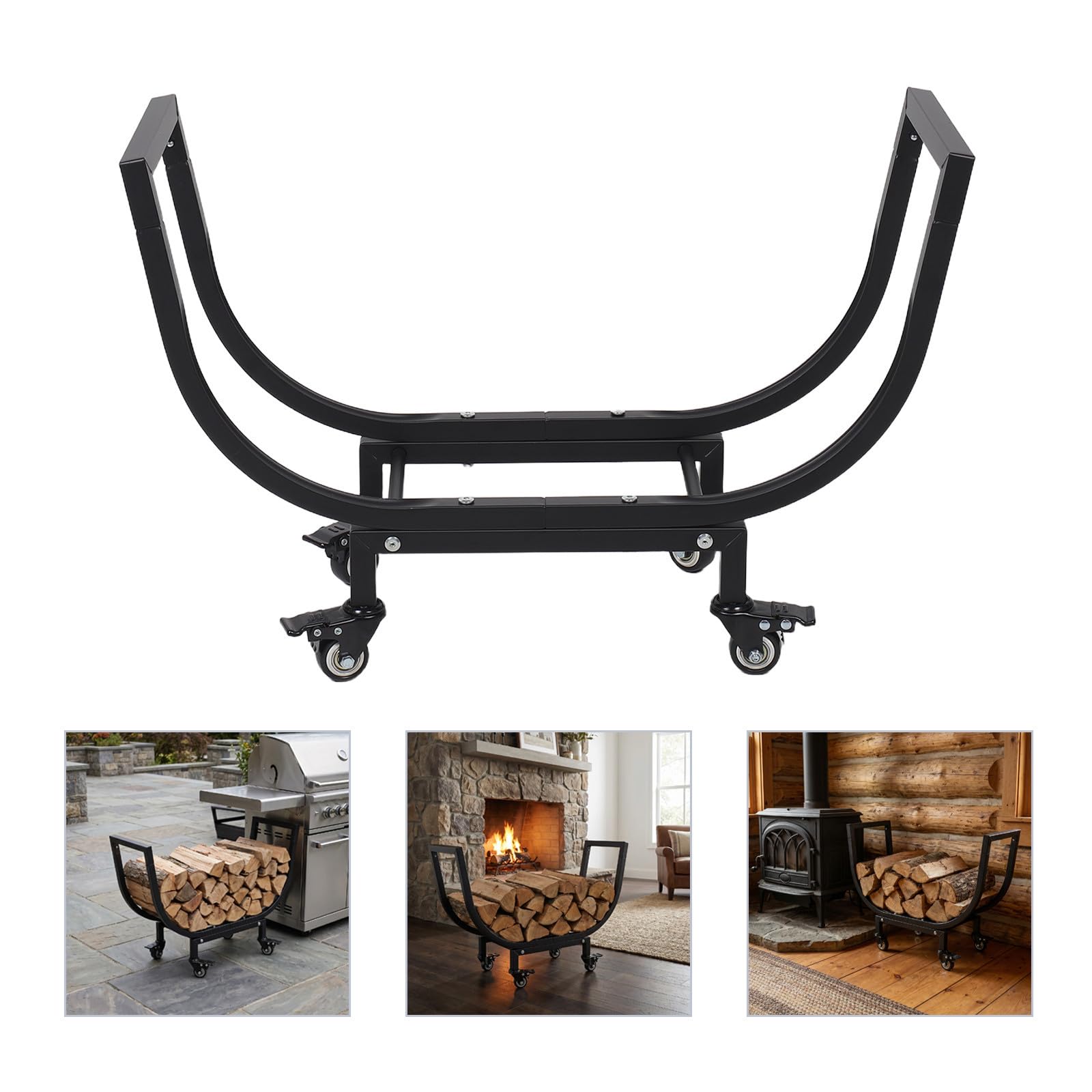 POPETPOP Curved Firewood Rack with Pulley Carbon Steel Indoor Fireplace Log Holder Moisture Resistant Elevated Base Smooth Moving Patio Log Storage for Living Hearth And Stove