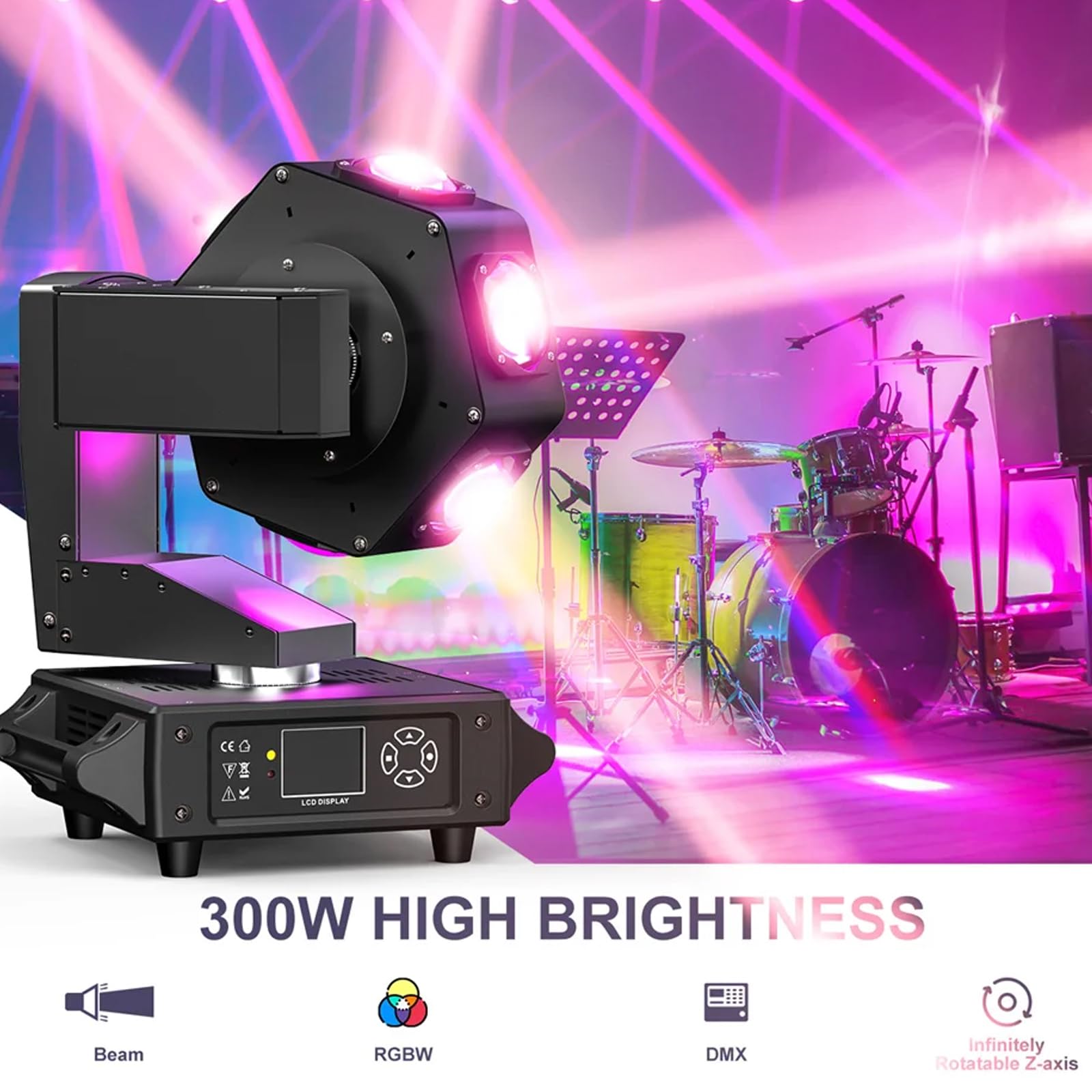 Luce LED a testa mobile, 300 W RGBW fascio stroboscopico con effetti di illuminazione misti e controllo della musica per feste, eventi, bar e matrimoni
