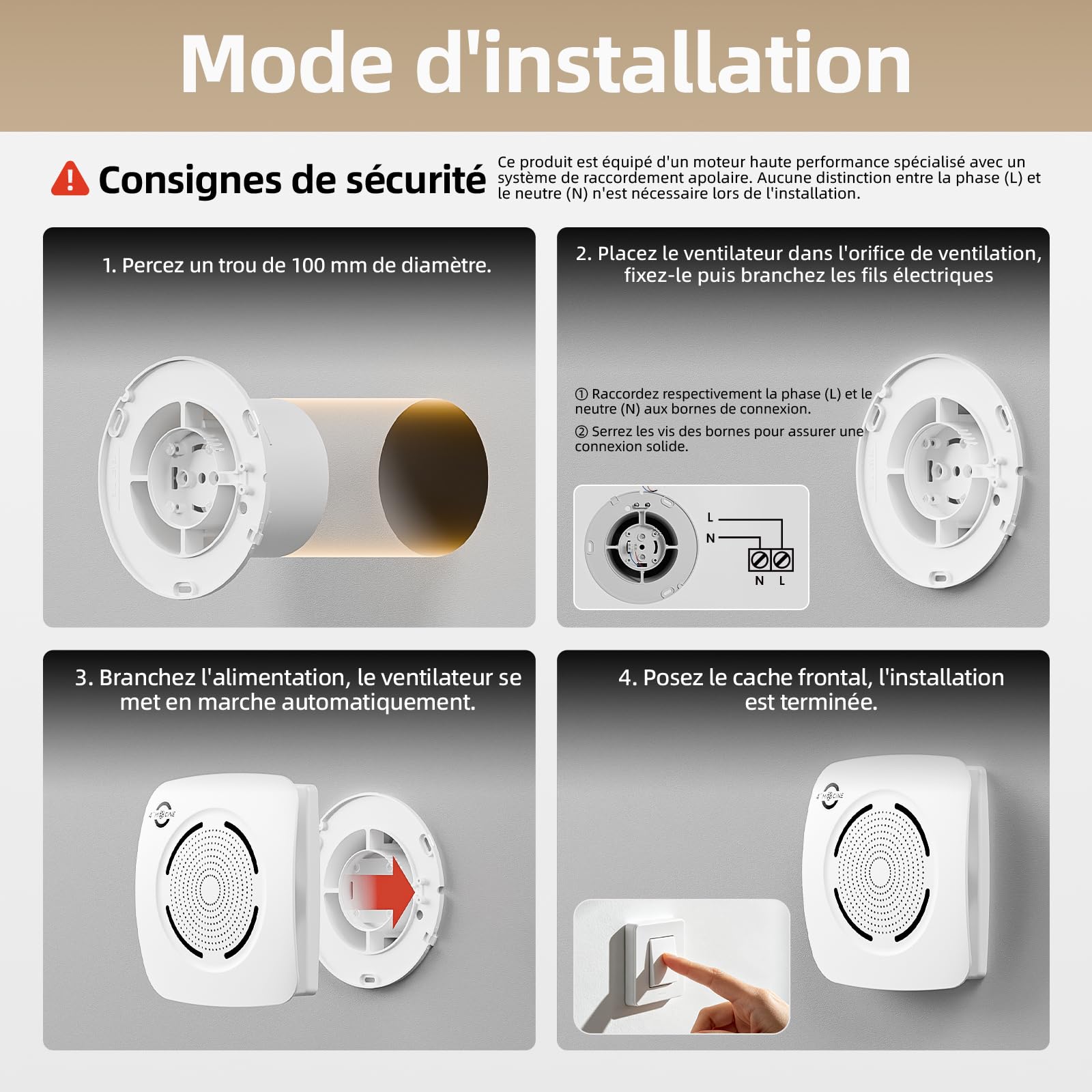 MOCINE Extracteur d'Air 100 mm, Débit d'Air 130 m³/h, Blanc | 50 % PC+ABS, Roulements à billes doubles, Protection contre la surchauffe, Plus de 30000h de durée de vie