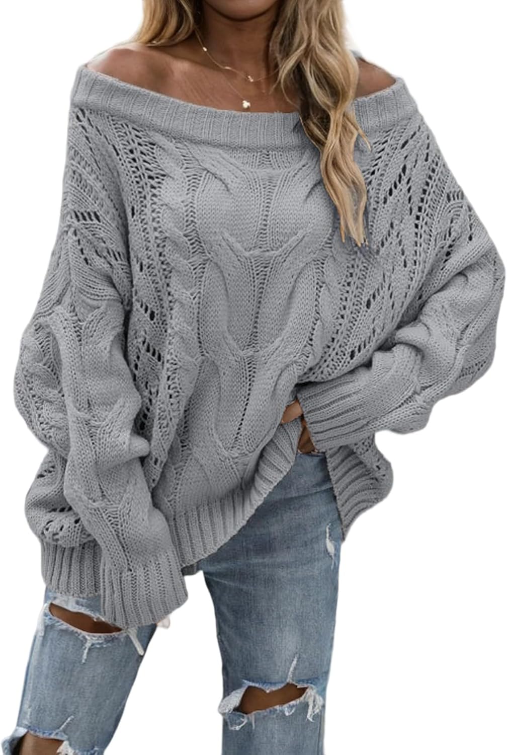 LAJIOJIO Womens Sexy Off The Shoulder Sweaters Oversized Knit Long Sleeve Crochet Pullover Sweater Top