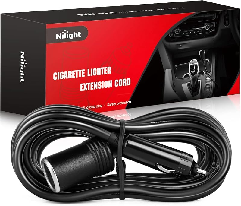 NI-WA-01C Cigarette Lighter Extension Cord Cable Heavy Duty 14ft 12V/24V Car Charger with Cigarette Lighter Socket