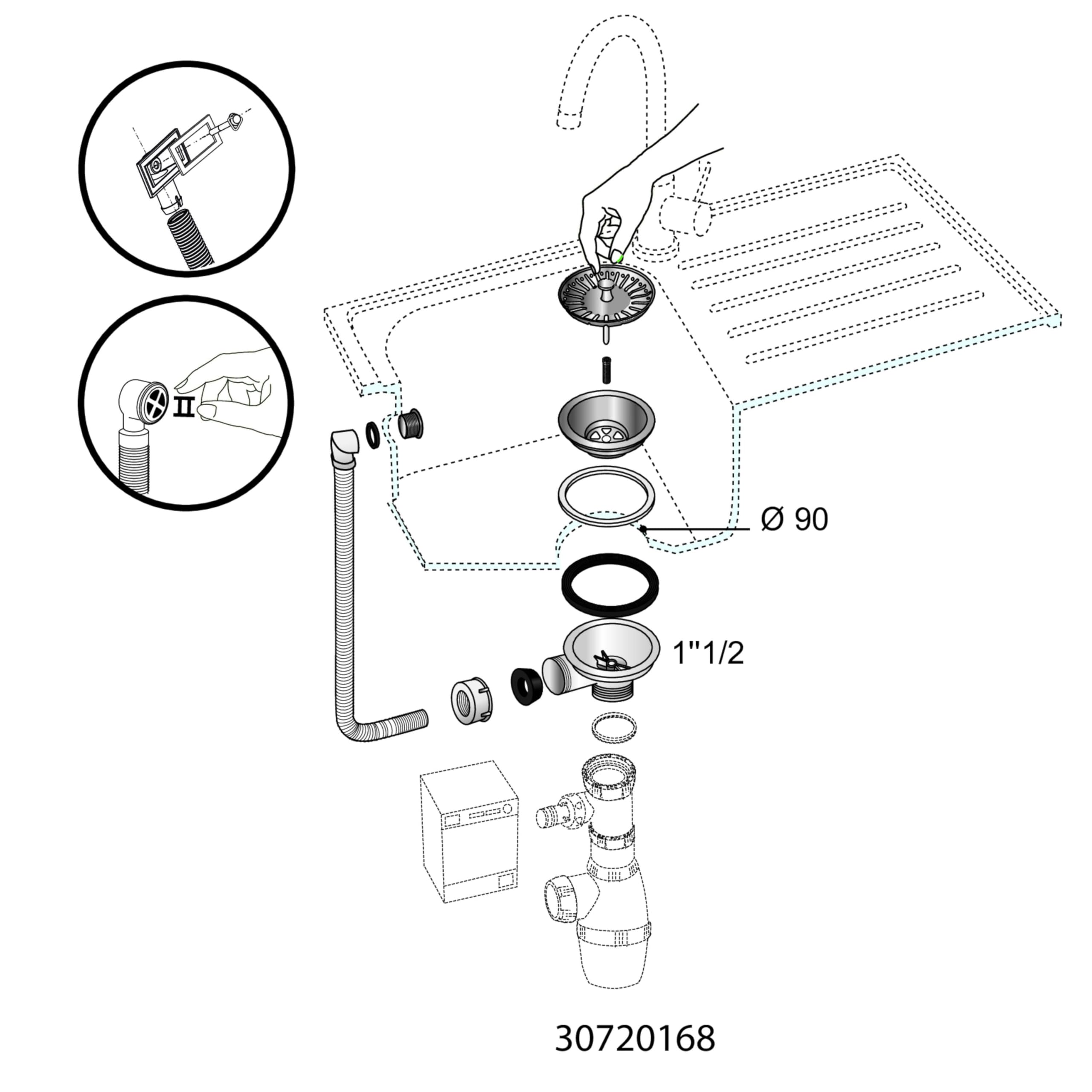 Wirquin 30723117 Bonde pour évier ø90 1 bac, plastique et métal, avec trop-plein exterieur, chromé, Blanc