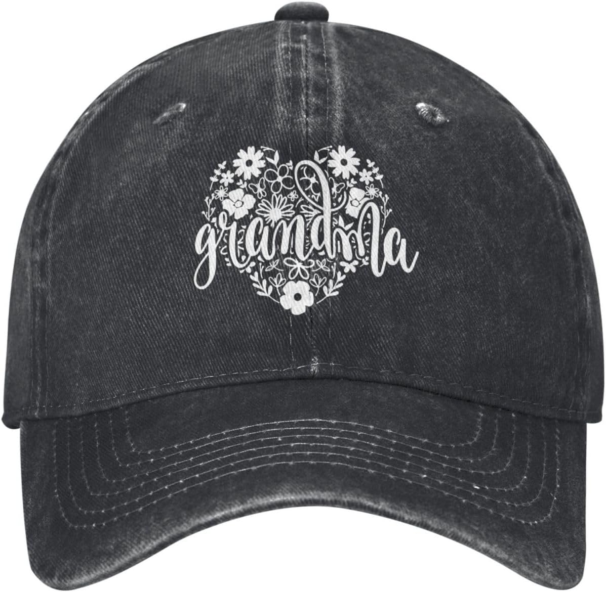 Grandma Floral Heart Hat Black - Adjustable Vintage Washed Cotton Breathable Baseball Cap for Men Women