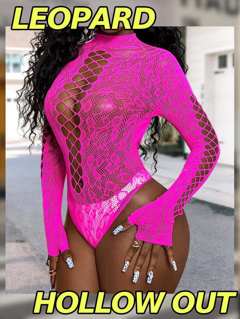 Women Sexy Leopard Fishnet Bodysuit - Mesh Tops Sheer Lingerie, Hollow Out Exotic Body Suits Festival Rave Outfits - Image 6
