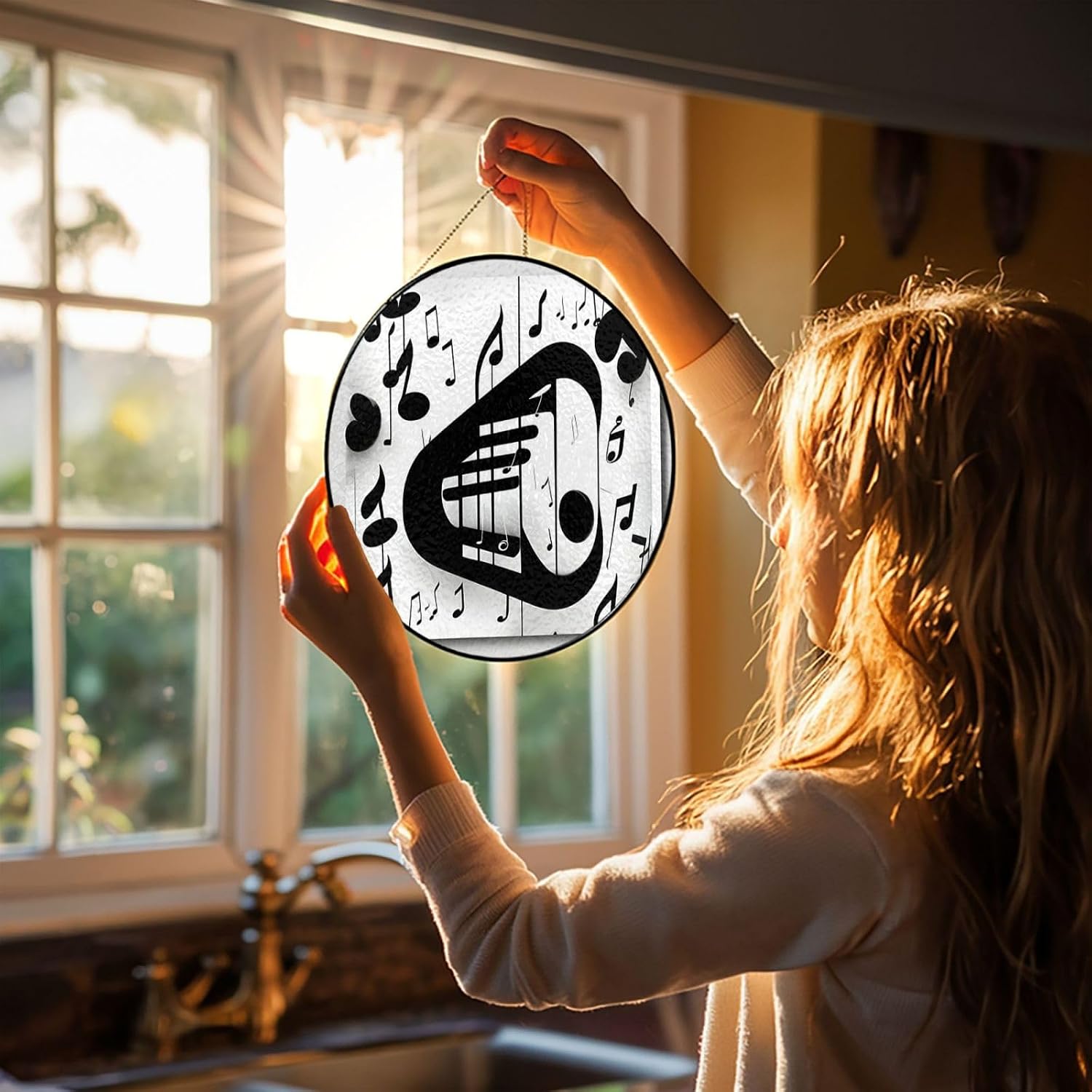 Stained Glass Window Hanging 12in Window Suncatcher Glass Panel with Metal Chain Black and White Music Note Sun Catchers Wall Art Home Decor Gift for Women Mother's Day