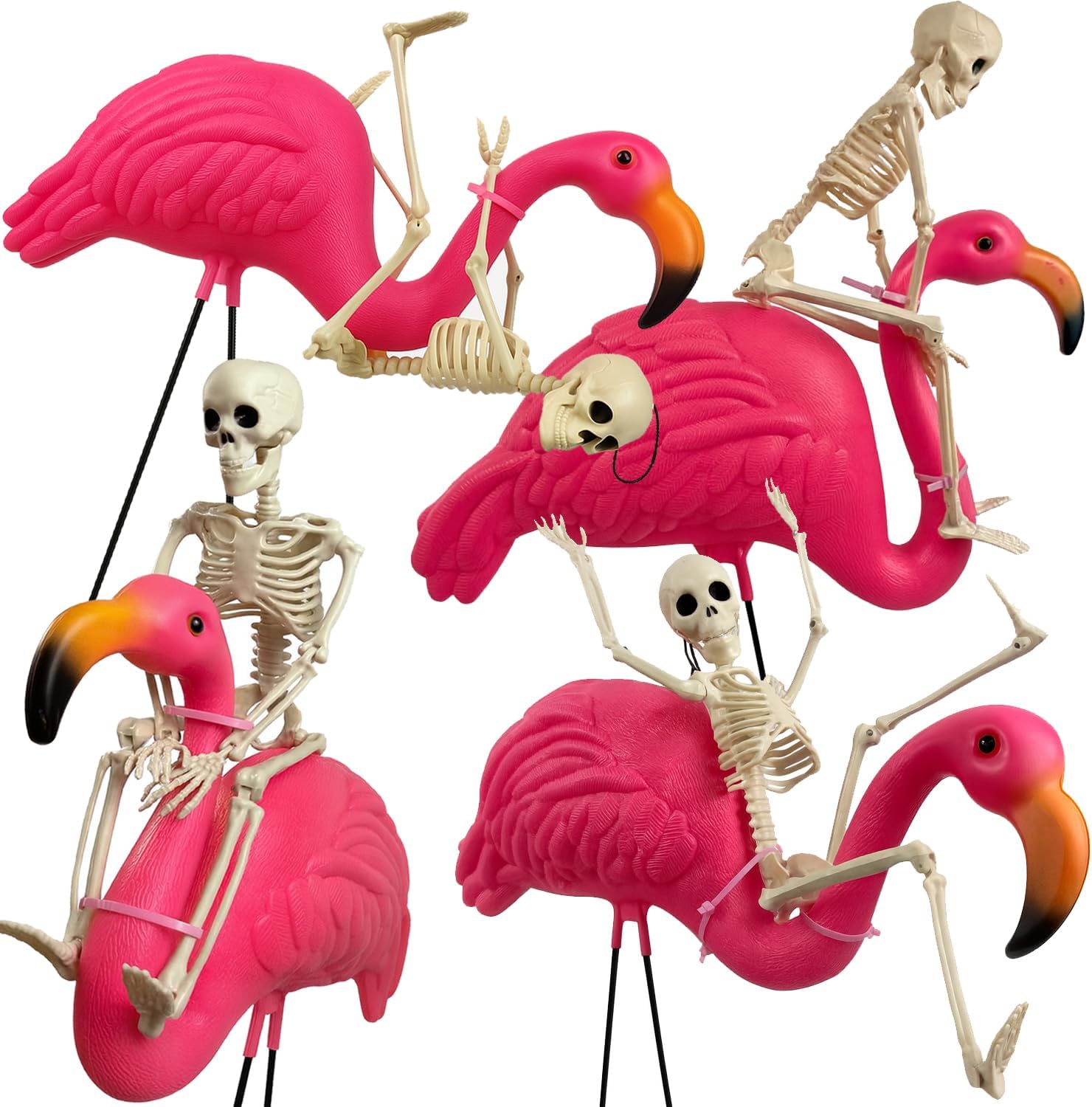 GIFTEXPRESS 8‑Piece Halloween Yard Decorations – 4 Posable 16 inch Skeletons + 4 Pink Flamingo Lawn Ornaments with Rust‑Resistant Stakes & Pink Zip Tie, Outdoor Garden Statues, Spooky Graveyard Decor