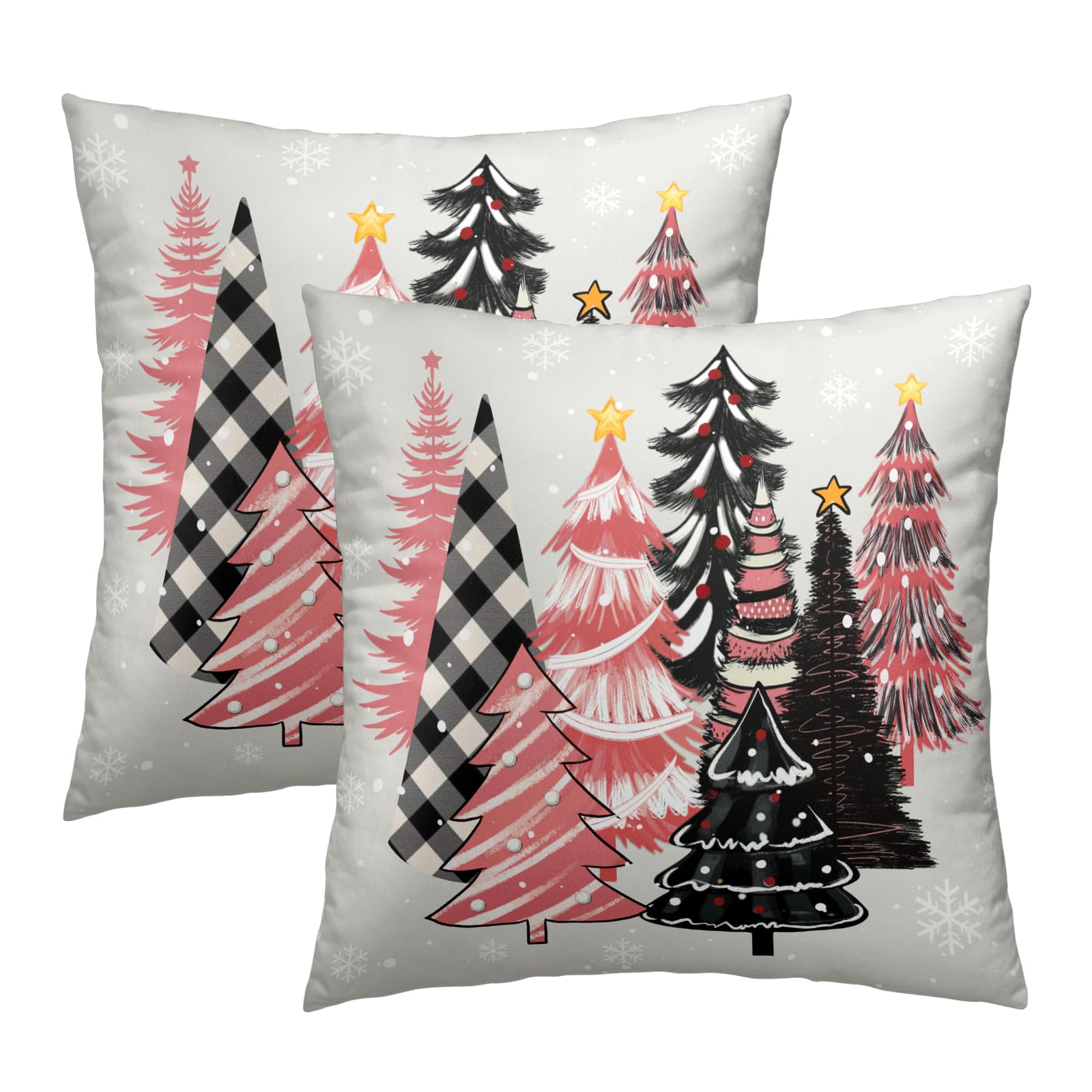 Mweet Christmas Tree Pillow Covers 18x18, Set of 2 Xmas Pine Trees Pink Black Plaid Snowflakes Winter Decorative Pillowcases Square Cushion Cover for