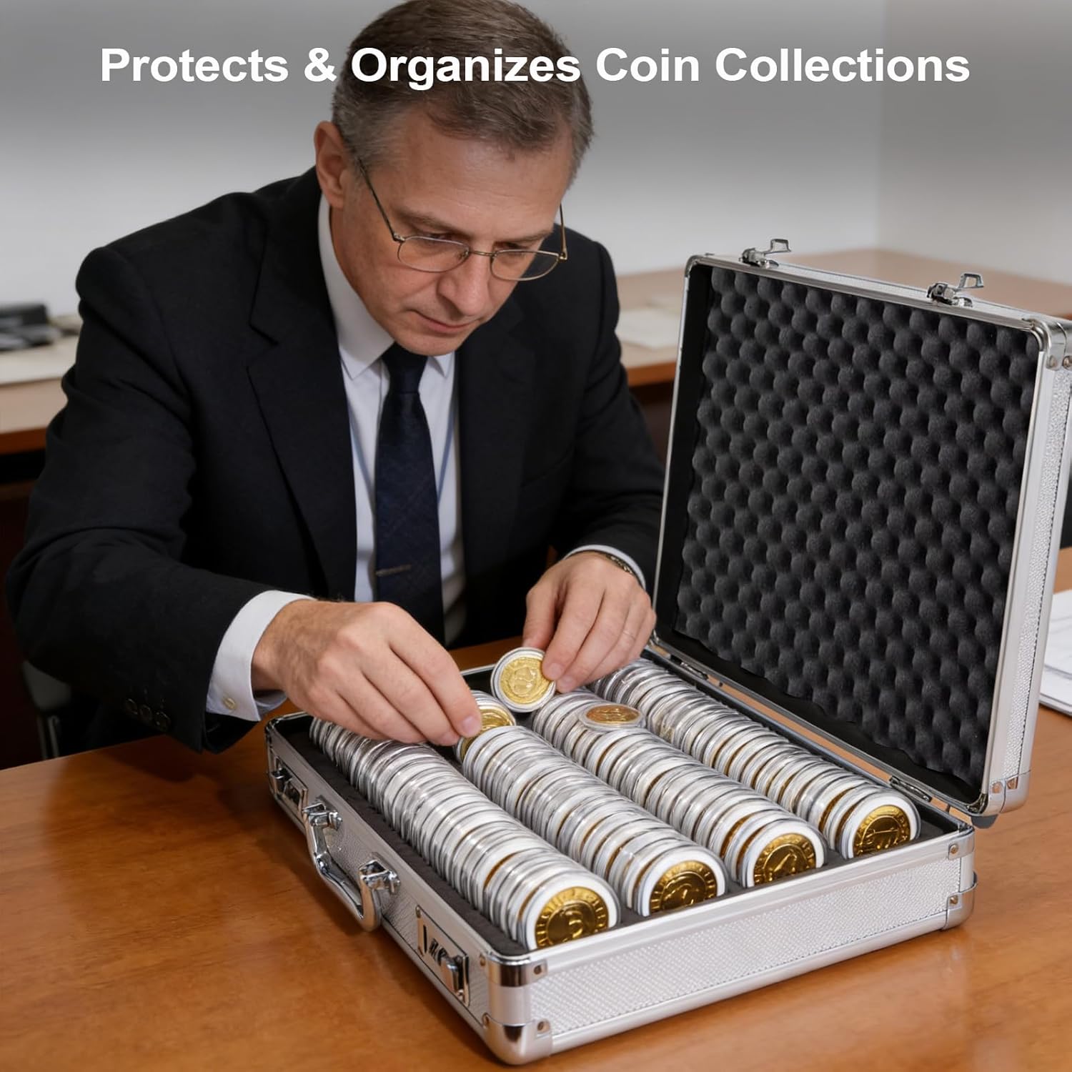 LOCKCURX Aluminum Coin Storage Box, 100 Coin Slots Lockable Coin Case with Reinforced Corners & Water-Resistant Shell, Coin Organizer, Silver (Case Only, Coins & Capsules Not Included)
