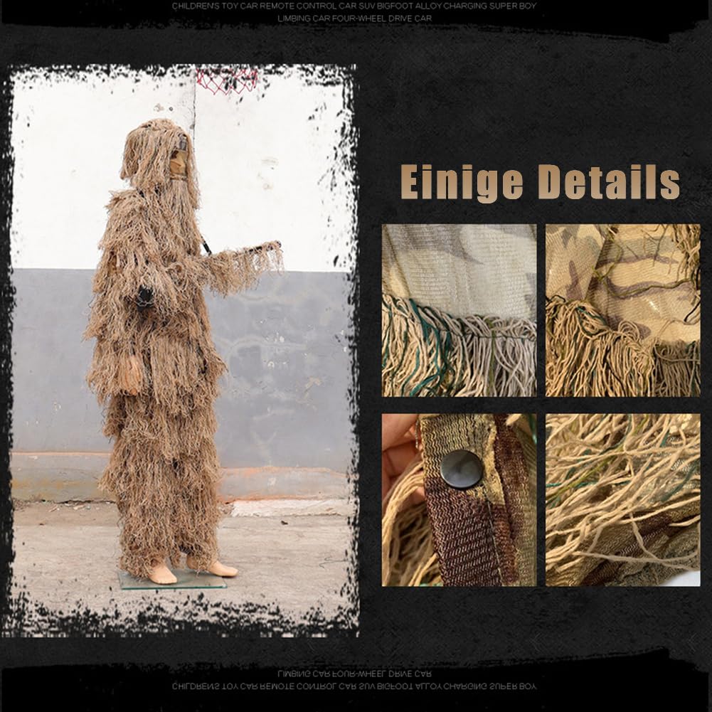 3D Ghillie Tarnanzug Camouflage Anzug 4-teilige Set mit Tasche Jagdbekleidung Woodland Tarnkleidung Scharfschützenanzug für Jagd Verdeckt Fotografie Halloween Hoax