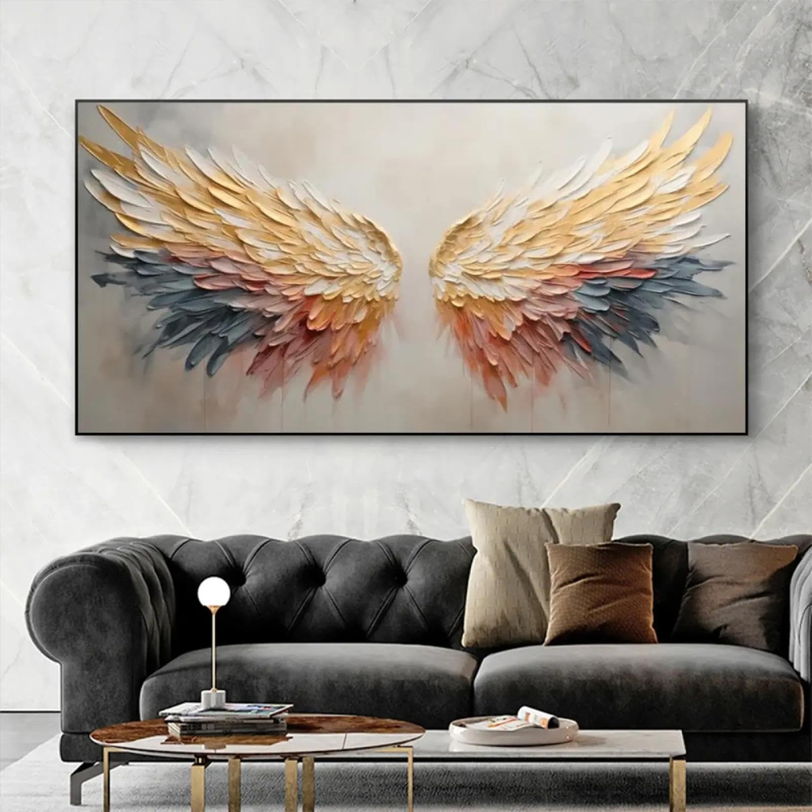 18meng Art Ölgemälde auf Leinwand 140x70 cm Abstraktes Bunte Engelsflügel Textur Wandkunst Bilder Modern Minimalistisch Aesthetic Wanddeko Wohnzimmer Schlafzimmer Wandbild mit Rahmen Aufhängefertig