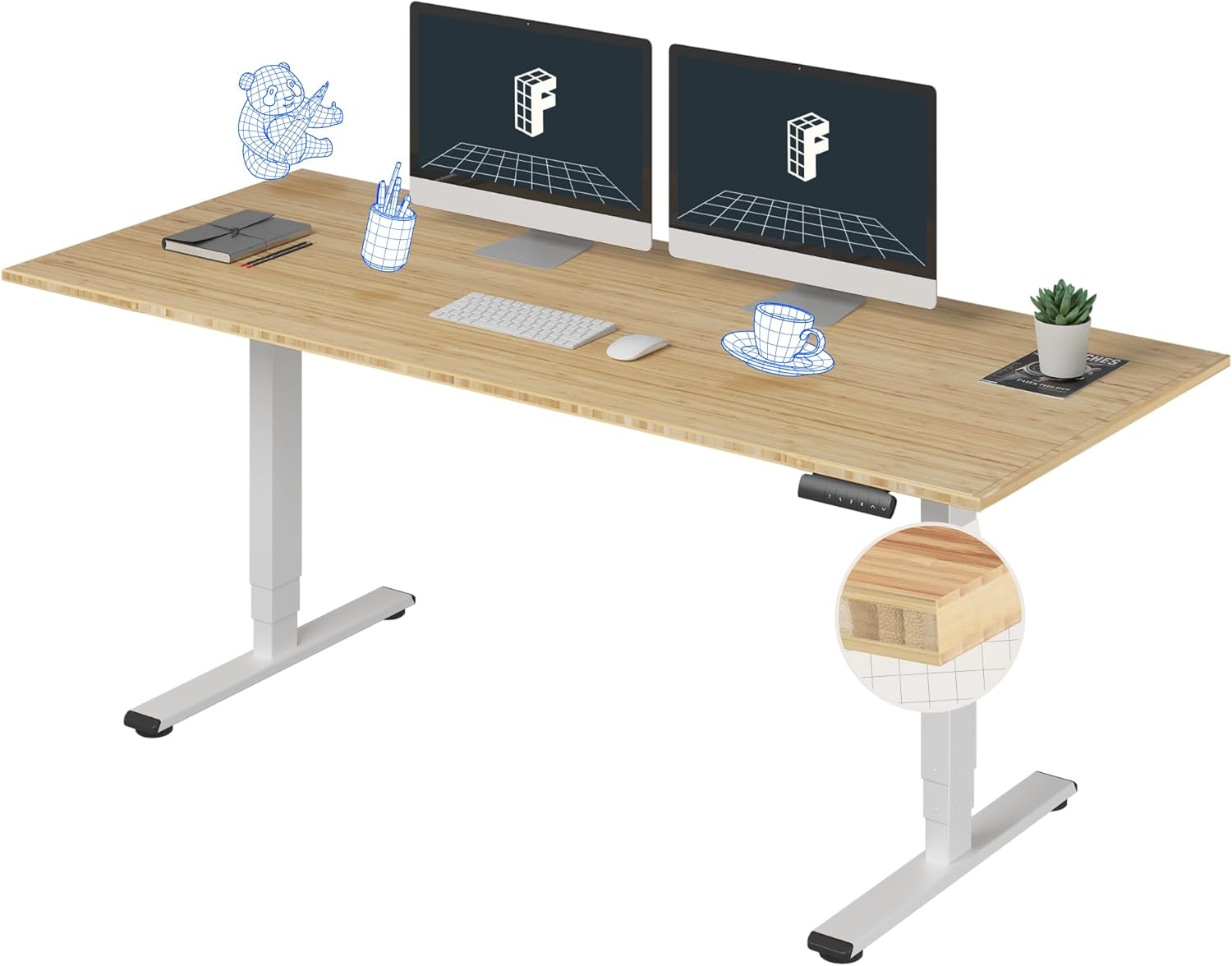 Product image of FLEXISPOT E6 Essential Bamboo 3 Stages Dual Motor 72x30 Inch Electric Height Adjustable Standing Whole-Piece Board Desk Sit Stand Up Desk (White Frame + Bamboo Desktop)