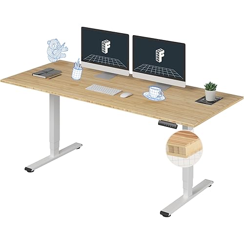 FlexiSpot E6 Bamboo 3-Stage Dual Motor 72 x 30 Electric Standing Desk Sit Stand Up Desk, Holds 220 lbs, Adjustable Height w/ Memory Presets, Solid Bamboo Desktop & White Frame, Ships in 2 Boxes