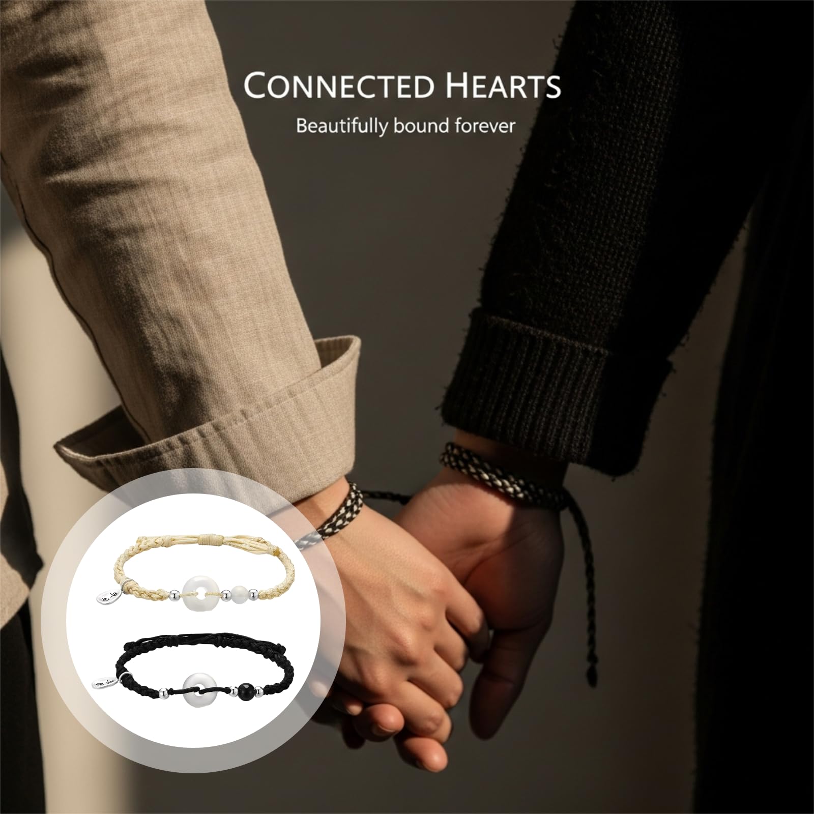 2 Stk. Sterling Silber Armband Set, Partnerarmbänder, verstellbares Band, Sicherheitsverschluss, geflochtenes Seil in Beige und Schwarz, Geschenk zum Jahrestag, Valentinstag für die Freundin