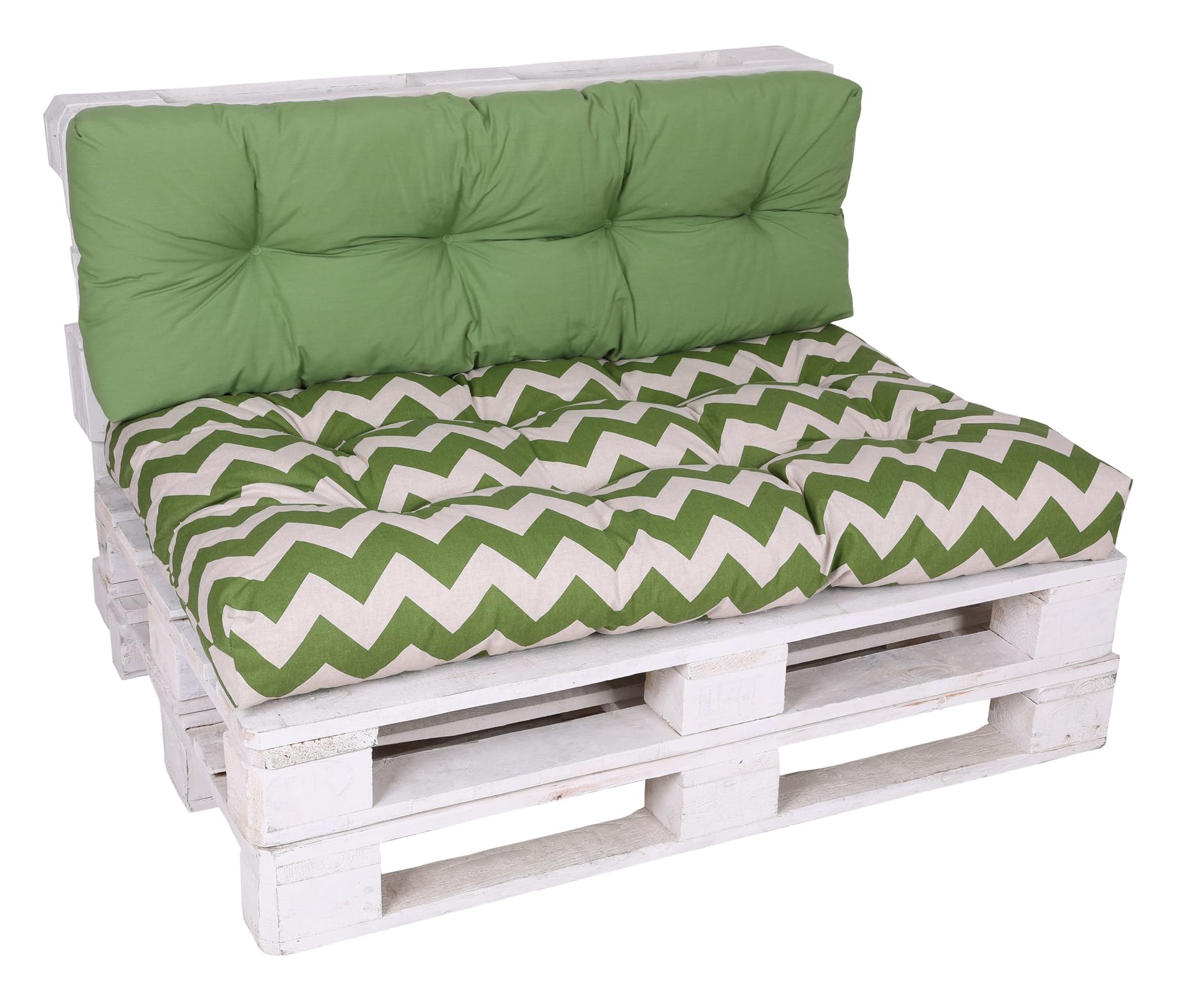 Bequeme und attraktive Polsterauflagen für Paletten-Loungen (2-teilig, für eine komplette Palettenlounge, Zickzack grün, Palettenkissen mit Schaumflockenfüllung)