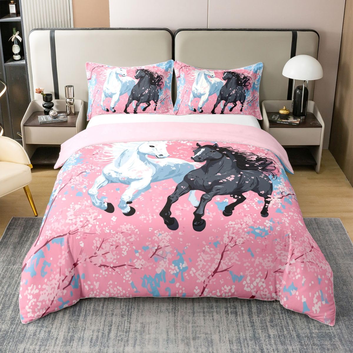 Homewish Juego de ropa de cama de estilo japonés con diseño de caballo, tamaño Super King, funda de edredón con diseño de flores de cerezo, pintura al óleo y flores