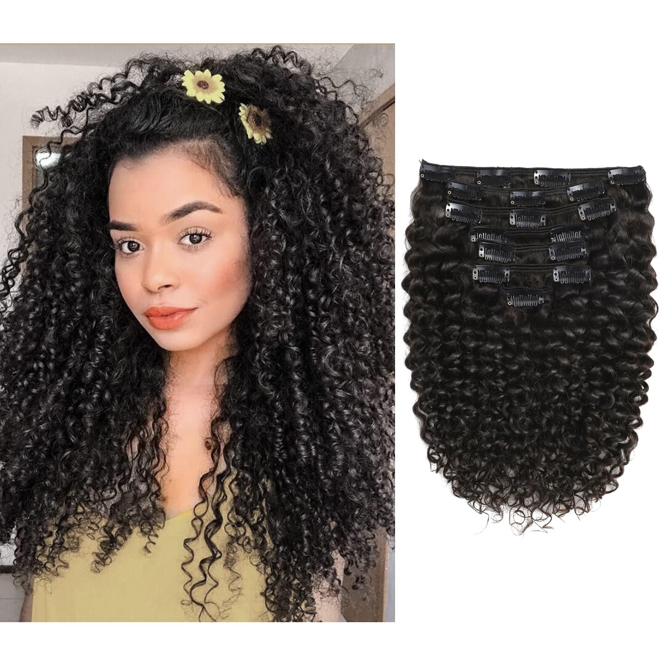 Loxxy Clip in Human Hair Extensions for Women Natural Black Real Human Hair Curly Clip in Hair Extensions with Double Weft 22inch Jerry Curly Clip in