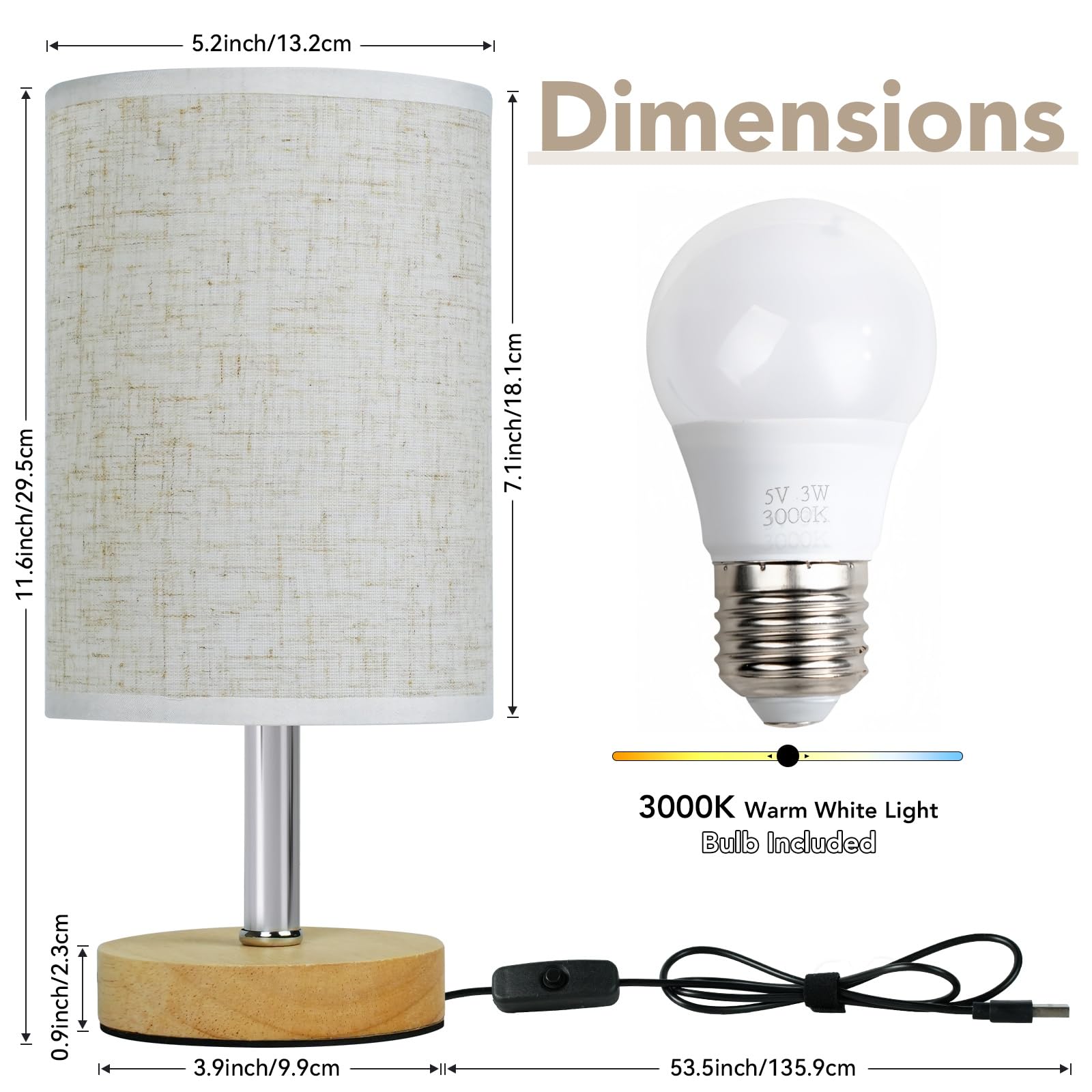 SurezoTich Bedside Lamp, USB Bedside Table Lamp, Warm Light Small Table Lamps, Wooden Base Linen Fabric Shade - Image 2
