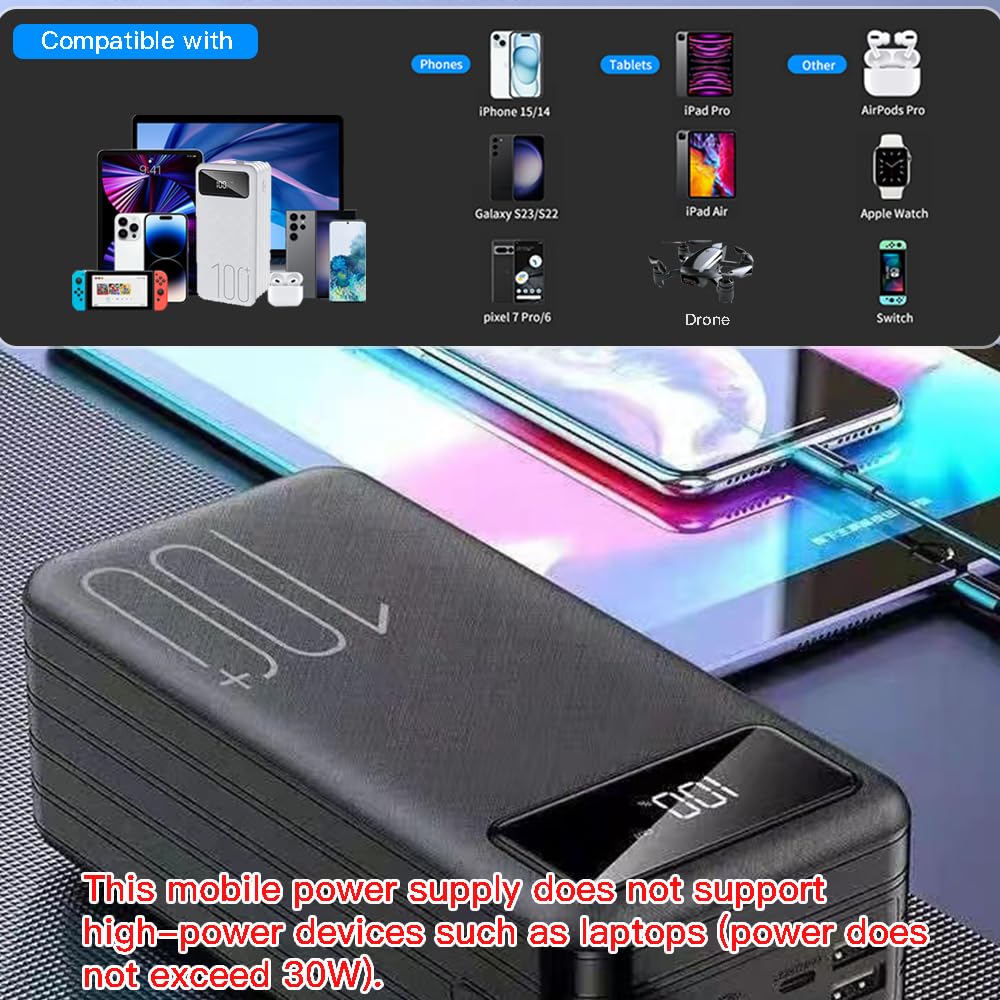 Batterie Externe haute capacité, 100000mAh, USB C, grande batterie avec écran LED, Charge Rapide 18 W, Chargeur Portable Compatible avec les Smartphones et les Tablettes(Size:100000Mah,Color:Noir)