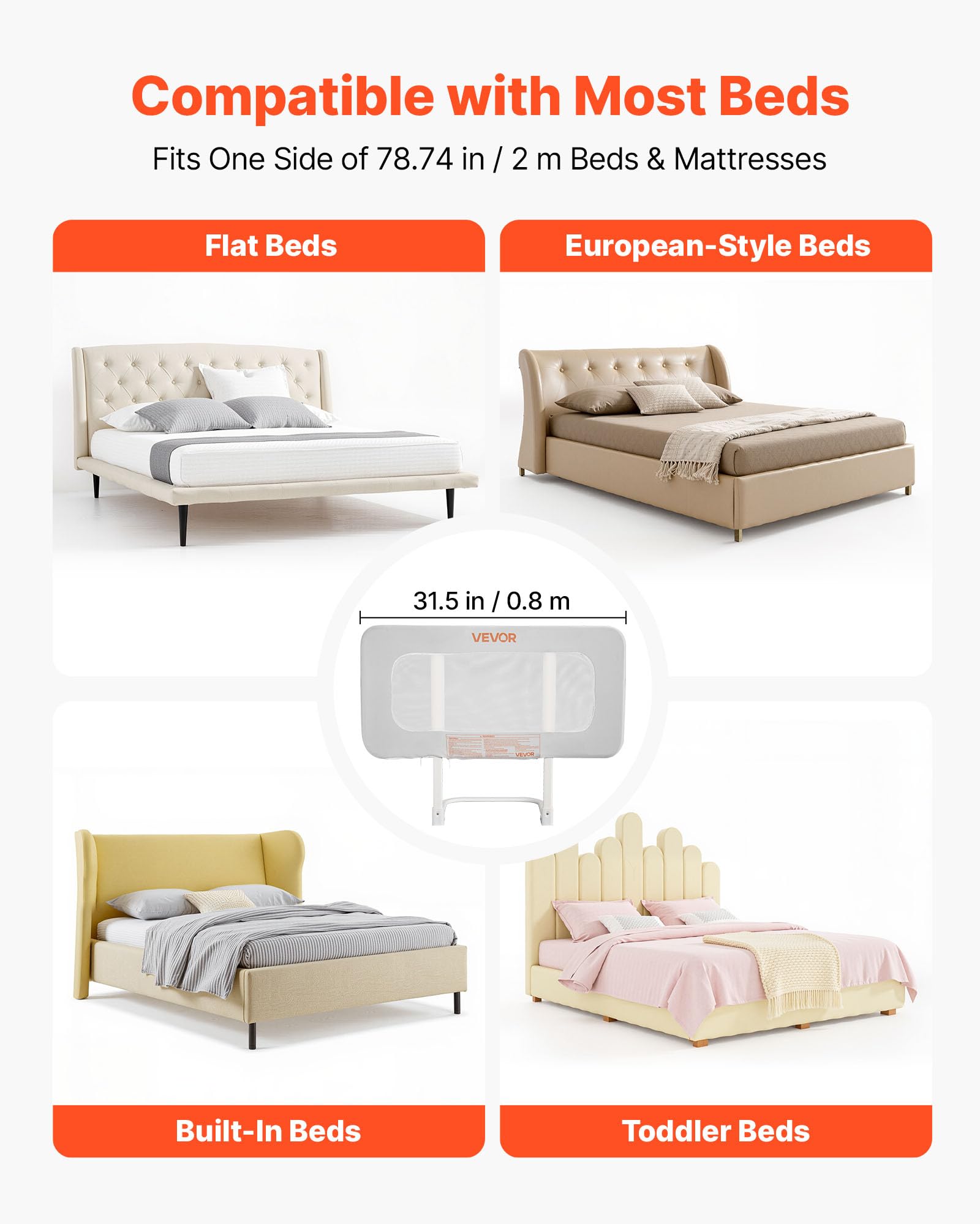 VEVOR Sponda per Letto per Bambini Lunghezza 80 cm, Barriera per Lettino per Neonati con Tubo di Ferro Rinforzato, Tessuto Oxford, Altezza Regolabile 45-67 cm, per Materassi di Spessore 5-30 cm