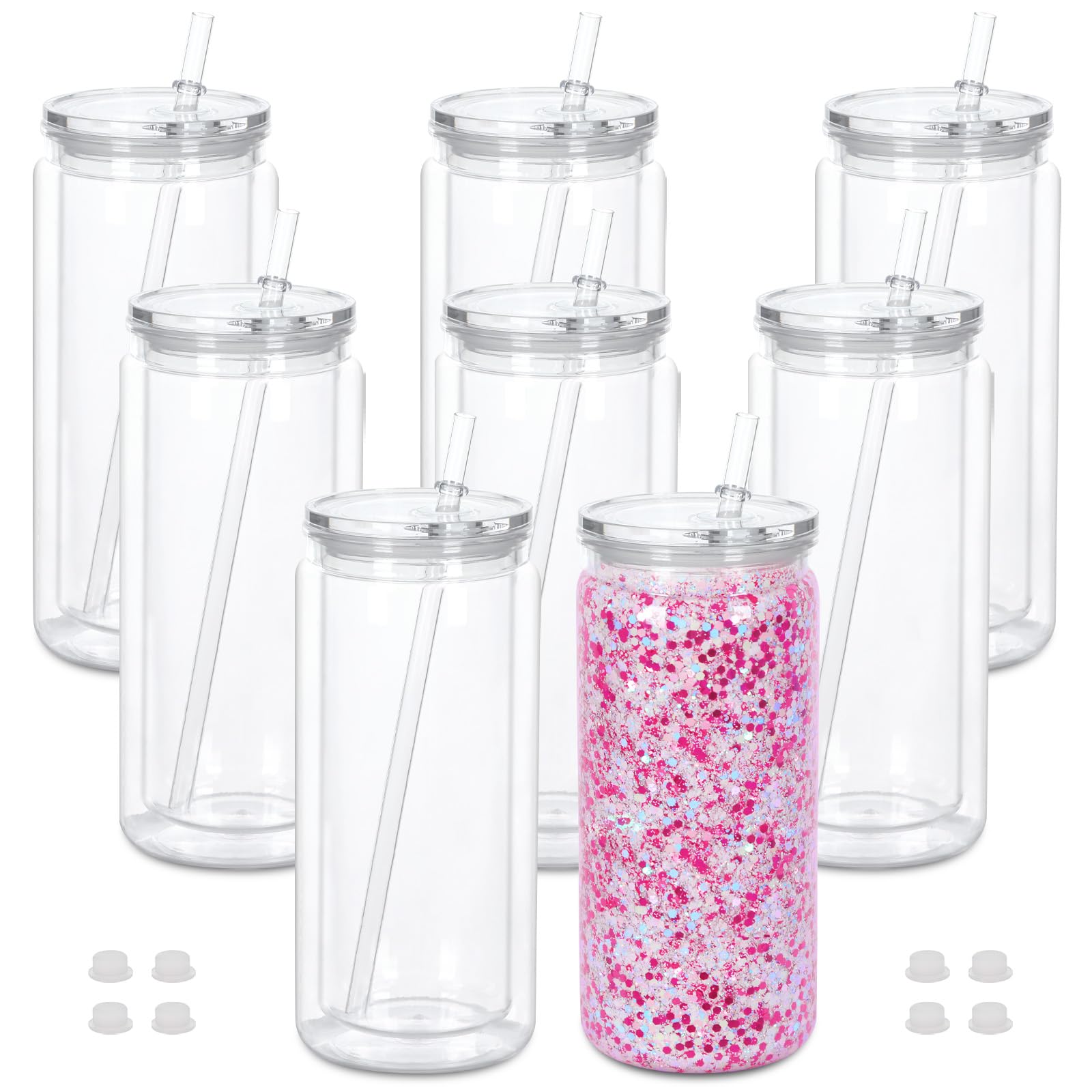Cosictic 20 OZ Reusable Acrylic Snow Globe Tumbler with Pre Drilled Hole, Plastic Double Wall Snowglobe Tumbler with Clear Lid and Straw, （8 Pack）