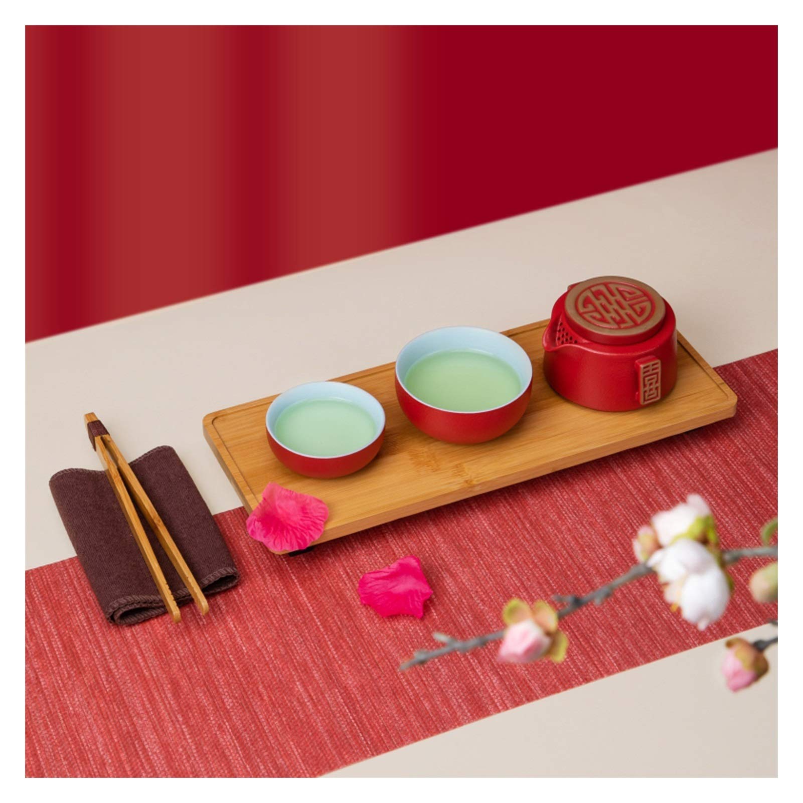Tea Sets for Adults Czerwony szkliwione ceramiczne zestawy herbaty, w tym herbata herbata filiżanki bambusa taca herbata ręcznik luźny liść herbata próbnik pakiet prezent filtrowanie herbaty maker chi