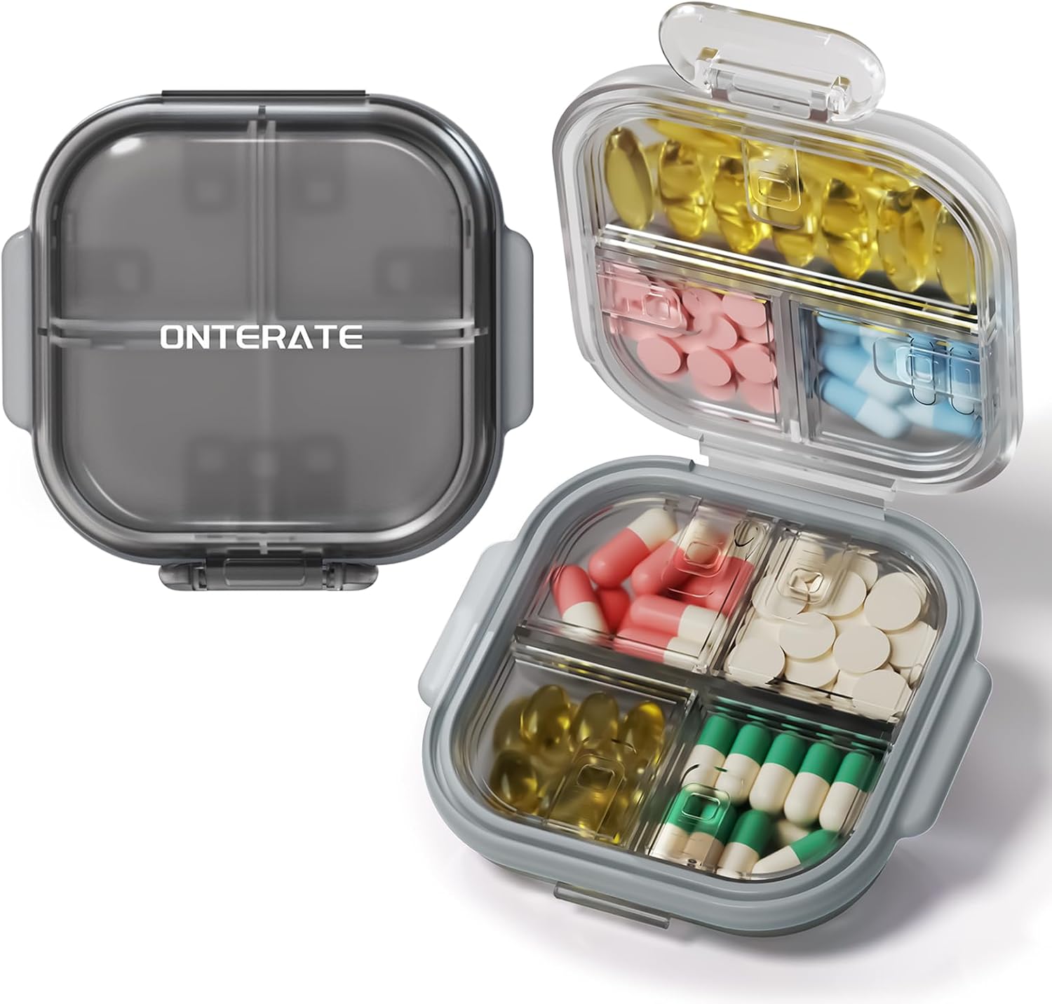 ONTERATE Travel Pill Organizer, 7 Compartments Small Pill Box for Purse Pocket, Portable Small Pill Case, Moisture Proof Mini Pill Container Medicine Organizer for Vitamins Fish Oil Supplement (Grey)