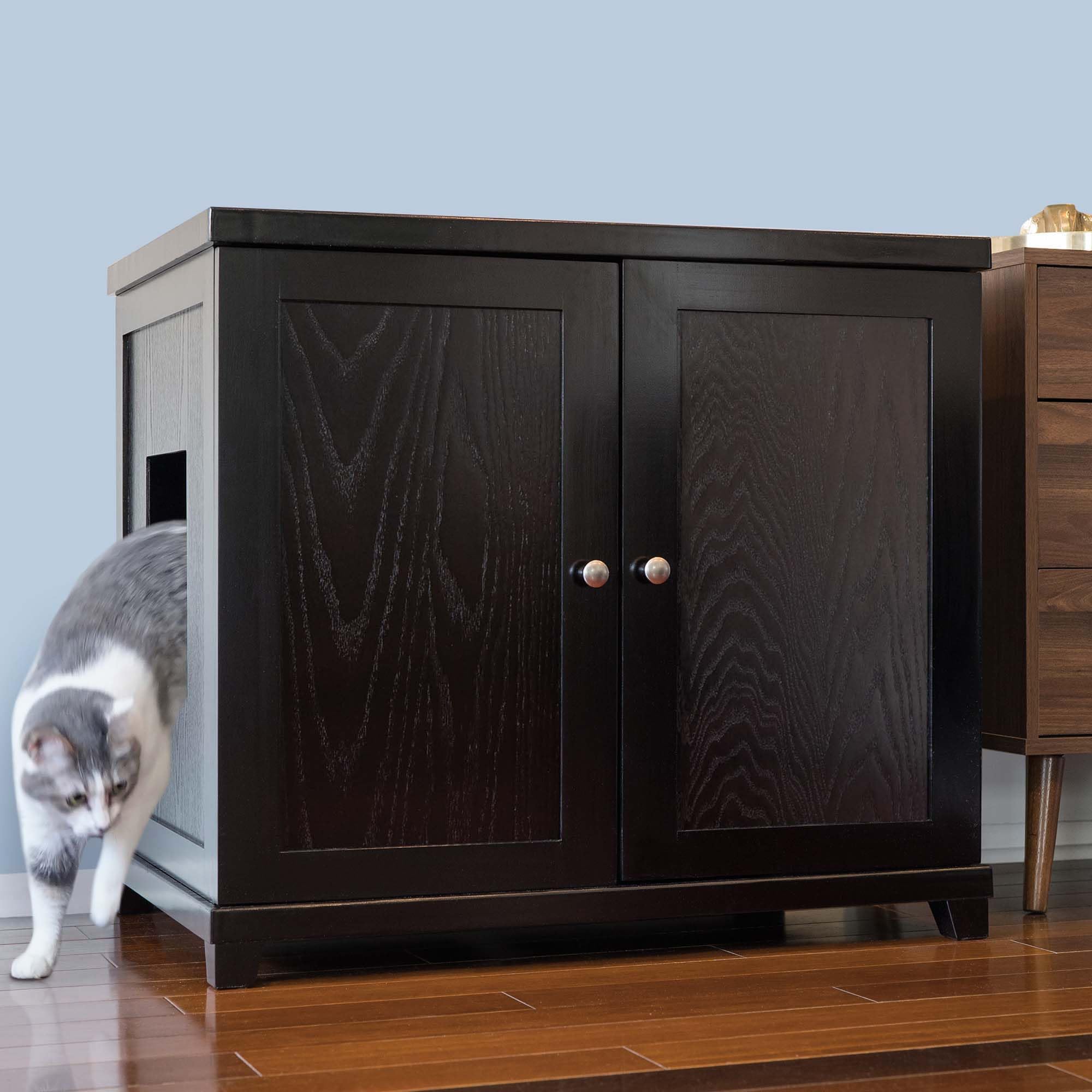 The Refined Feline Cat Litter Box Enclosure Cabinet, Modern, Black Espresso, Tapered Feet, XLarge, Hidden Litter Cat Furniture with Drawer