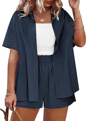 INVOLAND Womens Plus Size 2 Piece Tracksuit Outfits Sets Cotton Linen Sets Short Sleeve Shirt Summer Casual Shorts Set