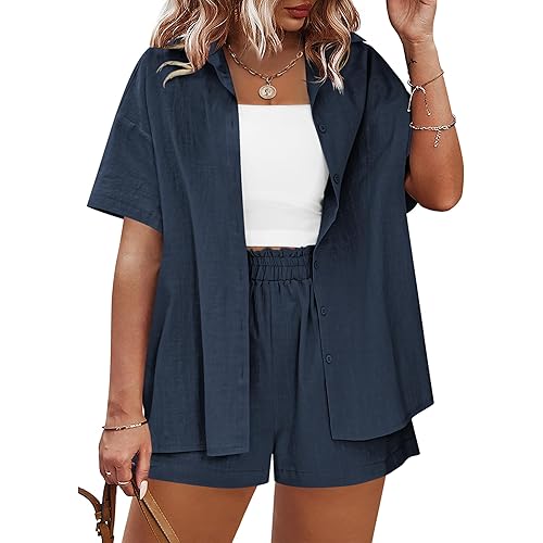 IN'VOLAND Women's Plus Size 2 Piece Tracksuit Outfits Sets Cotton Linen Sets Short Sleeve Shirt Summer Casual Shorts Set