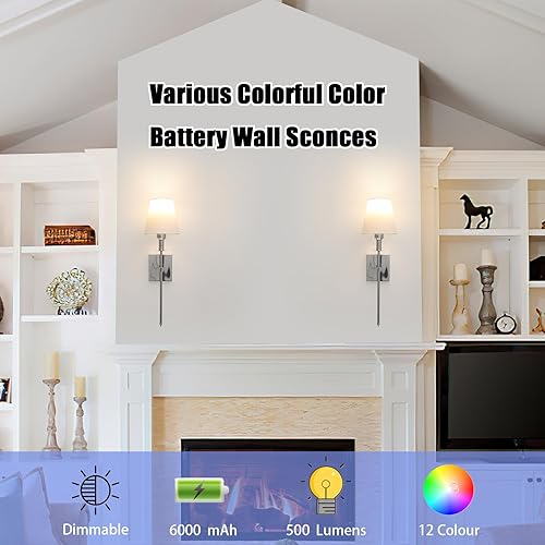 Vista 15 de Juego de 2 apliques de pared que funcionan con pilas, luces de pared inalámbricas recargables con control remoto de 12 colores regulables